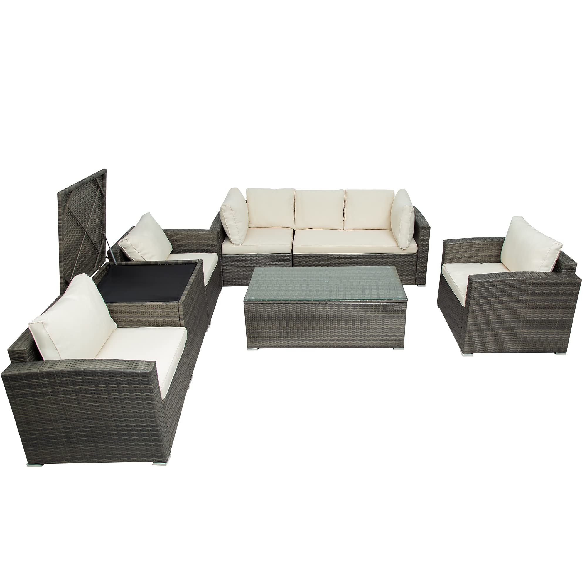 7-Piece Outdoor Patio Furniture Set - All-Weather PE Rattan Wicker Sofa with Cushions, Coffee Table & Storage - Beige - Perfect for Backyard, Garden, Poolside & Terrace Relaxation