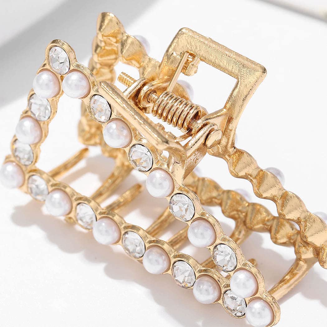 Gold Pearl Hair Claw Clips for Women - Elegant Metal Barrette for Party & Wedding