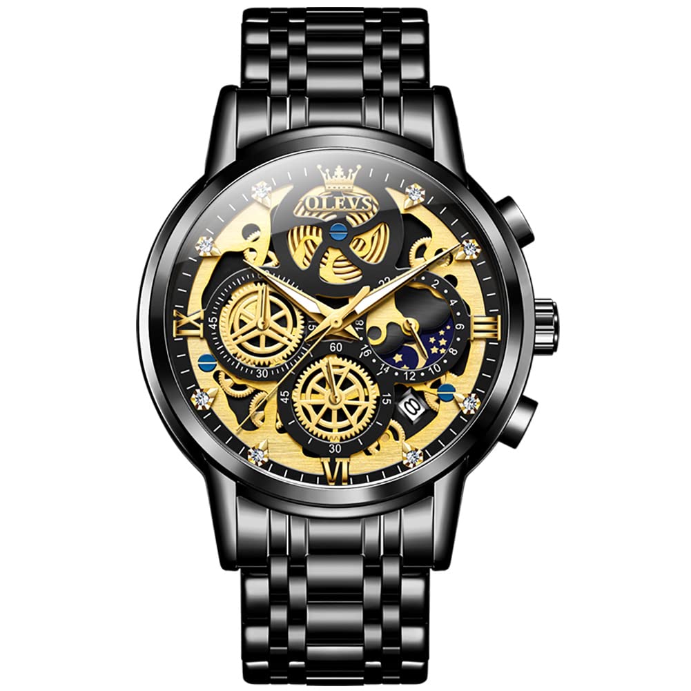 OLEVS Men's Skeleton Stainless Steel Chronograph Watch - Waterproof Analog Wristwatch with Date Display | Luxury Business Dress Watch for Men (Blue/Black/Gold/White) | Perfect for Office, Formal Events & Everyday Wear