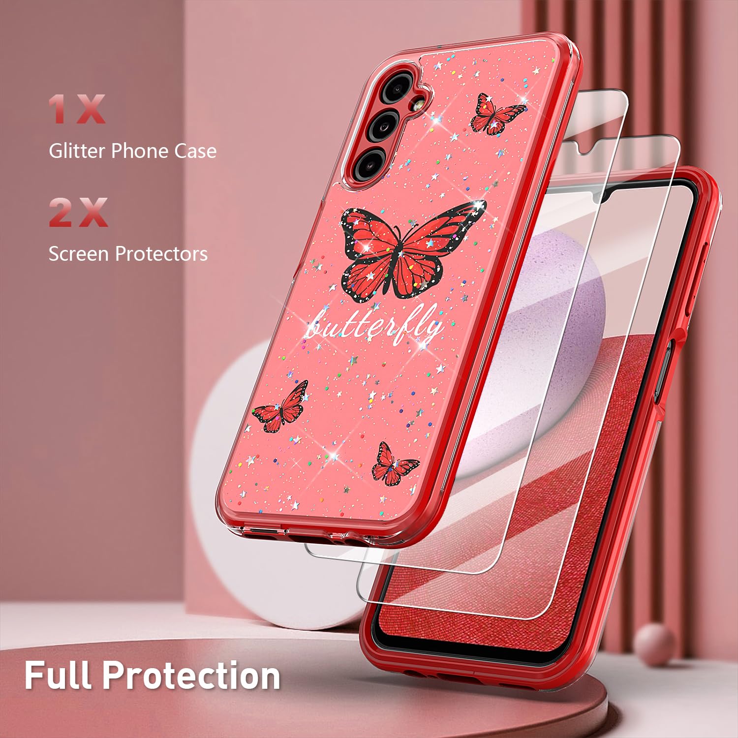 Samsung Galaxy A54 5G Case with 2 Pack Screen Protector - Glitter Bling Butterfly Cute Phone Cover for Women Girls, Slim Soft TPU Bumper & Hard Back Shockproof Protection - Perfect for Everyday Use, Work, and Travel