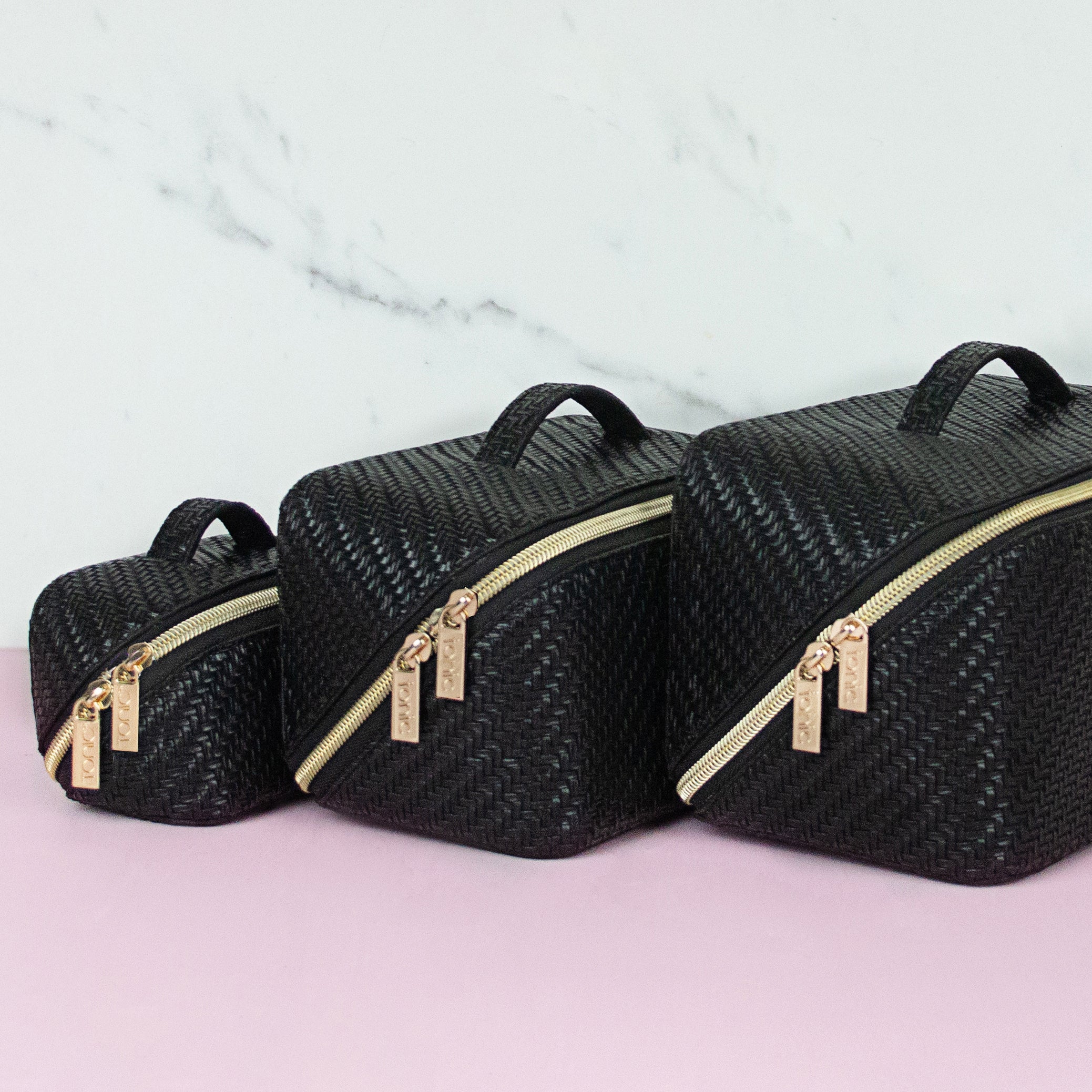Stylish Herringbone Pattern Beauty Bag Set of 3 - Premium Makeup Organizer for Travel & Daily Use - Licorice Black Cosmetic Pouches