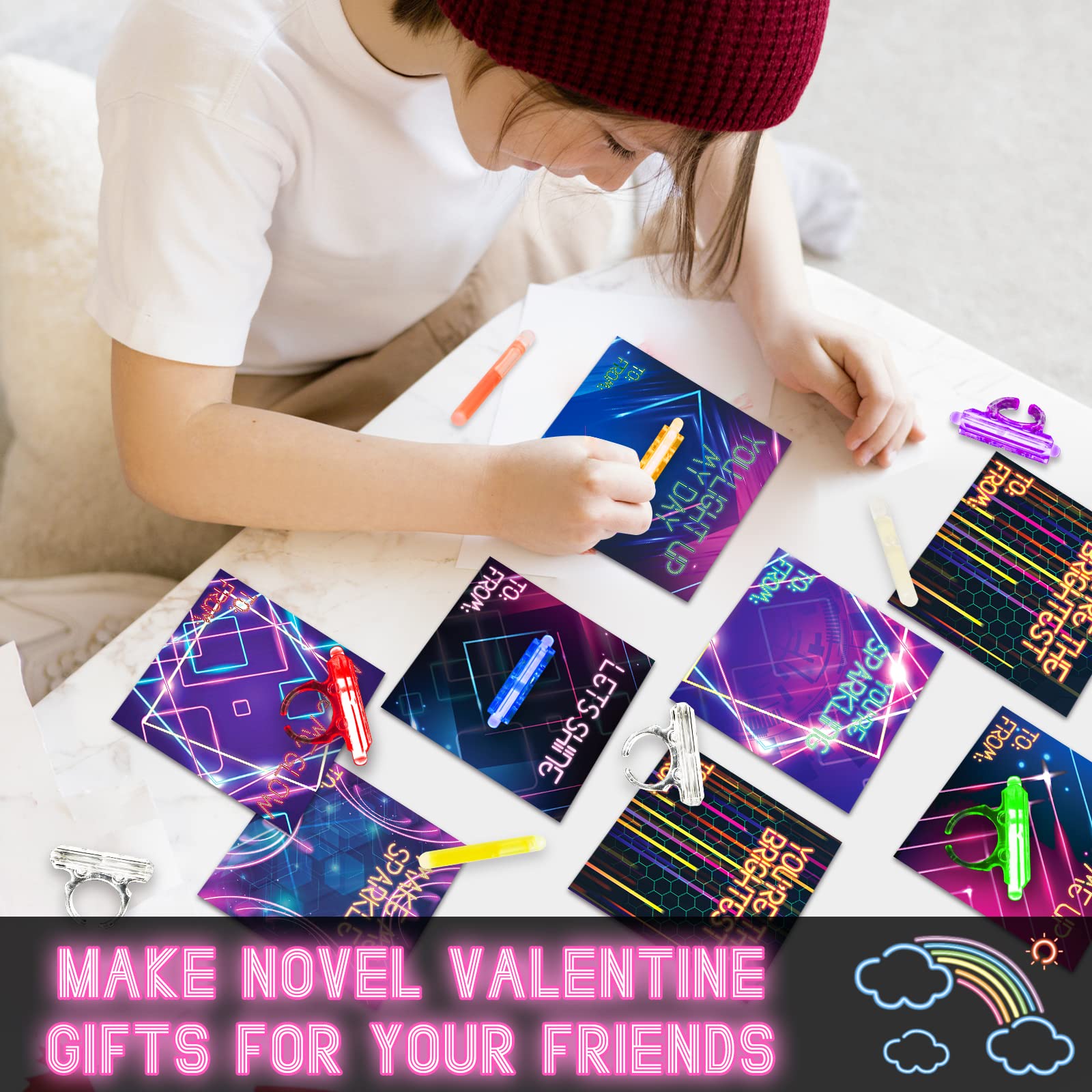 Valentine's Day Cards for Kids - 28 Glow Stick Rings & Valentine's Cards for Classroom Gift Exchange, Party Favors, Prizes for Boys & Girls | Perfect for School Valentine's Parties & Classroom Activities