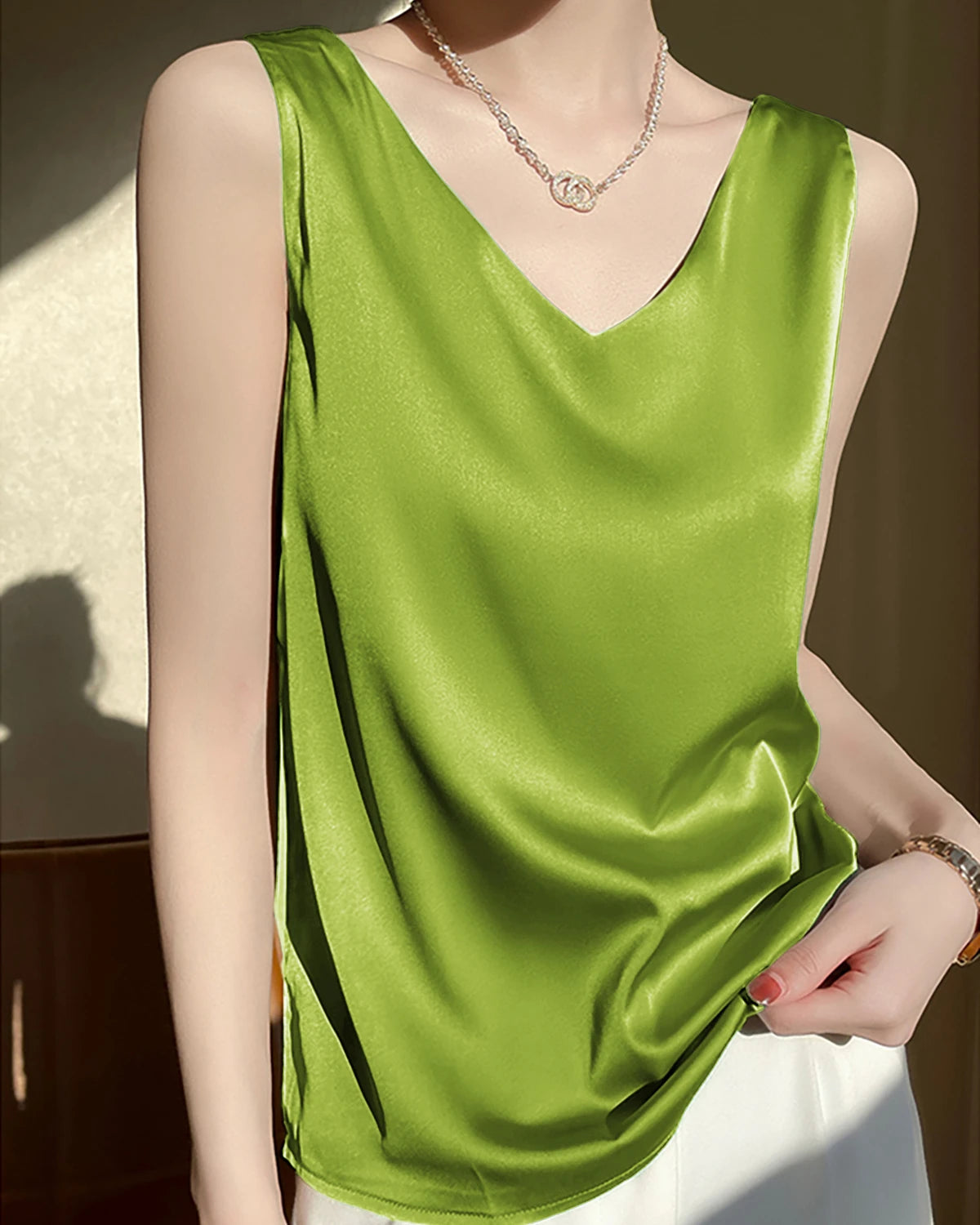 Women's V Neck Sleeveless Silk Blouse - Elegant Summer Tops for Work & Casual Wear - Perfect for Office, Date Night & Special Occasions
