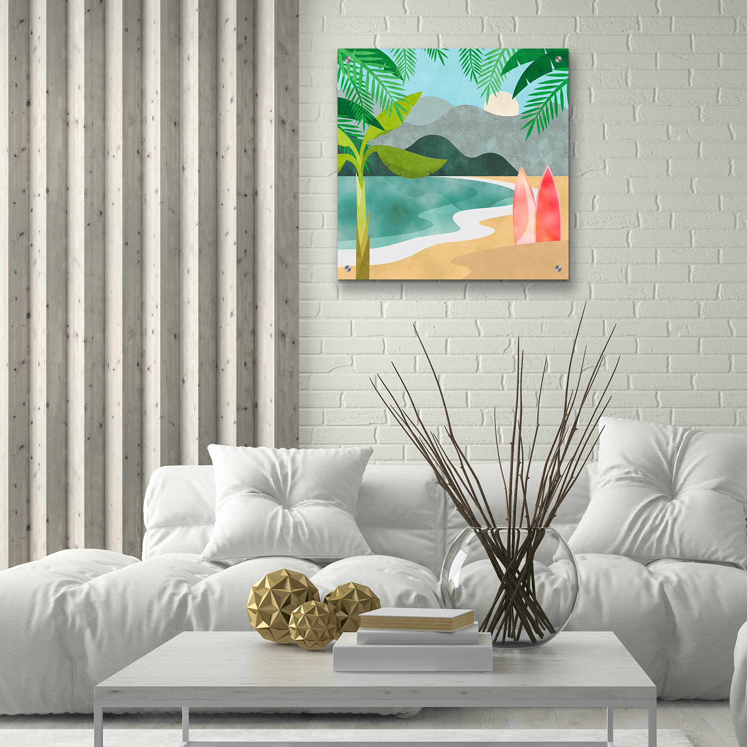 Secret Surf Spot by Andrea Haase - 24x24 Inch Acrylic Glass Wall Art Painting, Modern Coastal Beach Decor for Living Room, Bedroom & Office