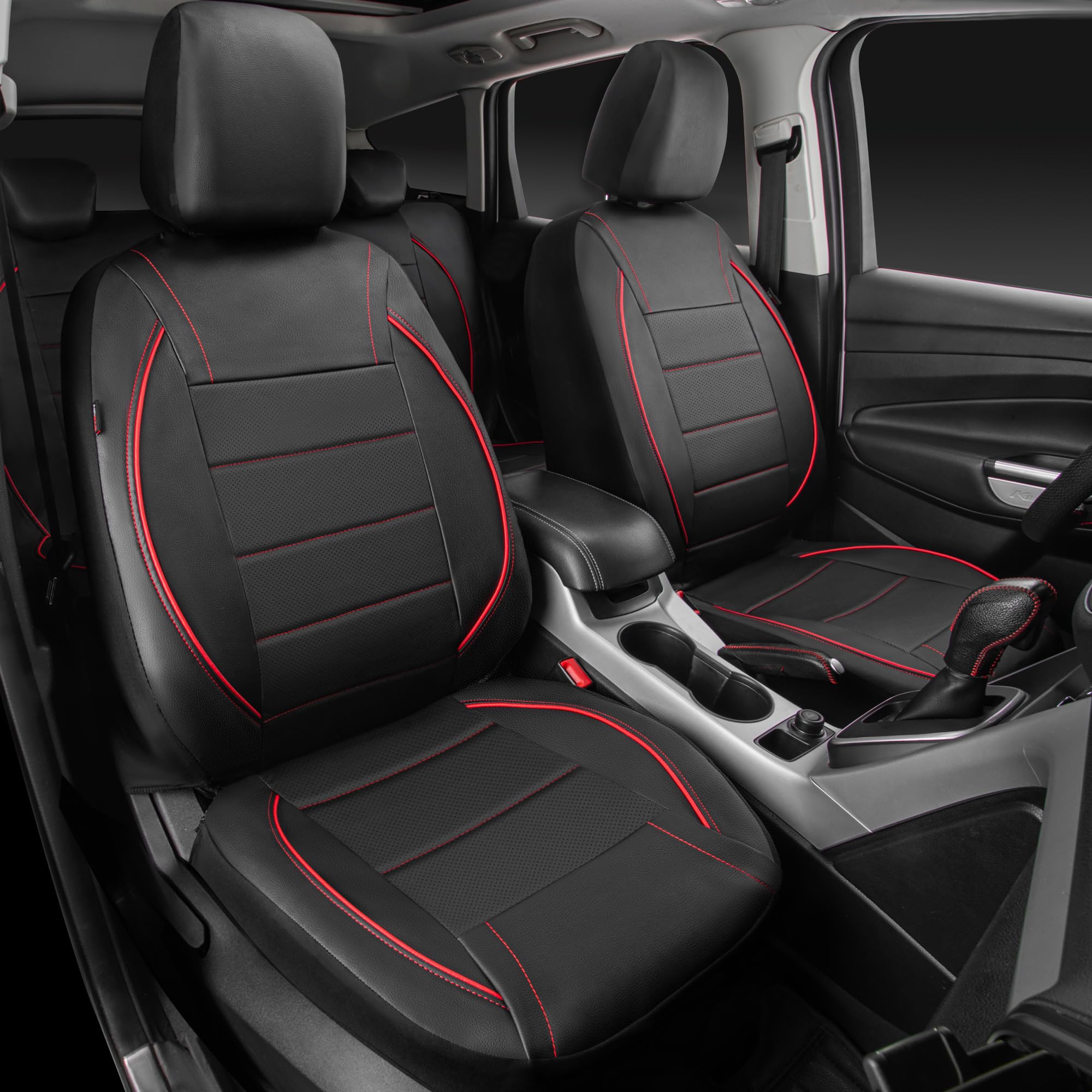 CAR PASS Universal FIT Leather Car Seat Cover - Airbag Compatible, Inside Zipper Design for SUVs, Vans & Trucks - Black and Red Full Set for Road Trips & Family Travel