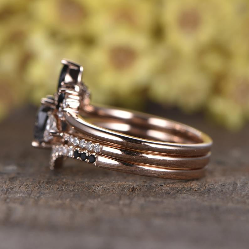 Black Rutilated Quartz Rose Gold Engagement Ring Set with Diamond Wedding Band - Elegant Bridal Jewelry for Proposals, Anniversaries & Special Occasions