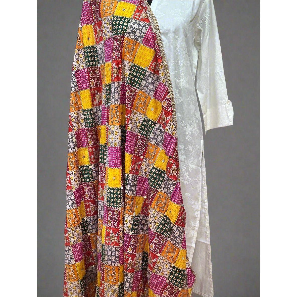 Colorful Phulkari Style Dupatta with Mirrors - Traditional Indian Scarf for Women - Perfect for Weddings, Festivals & Ethnic Outfits