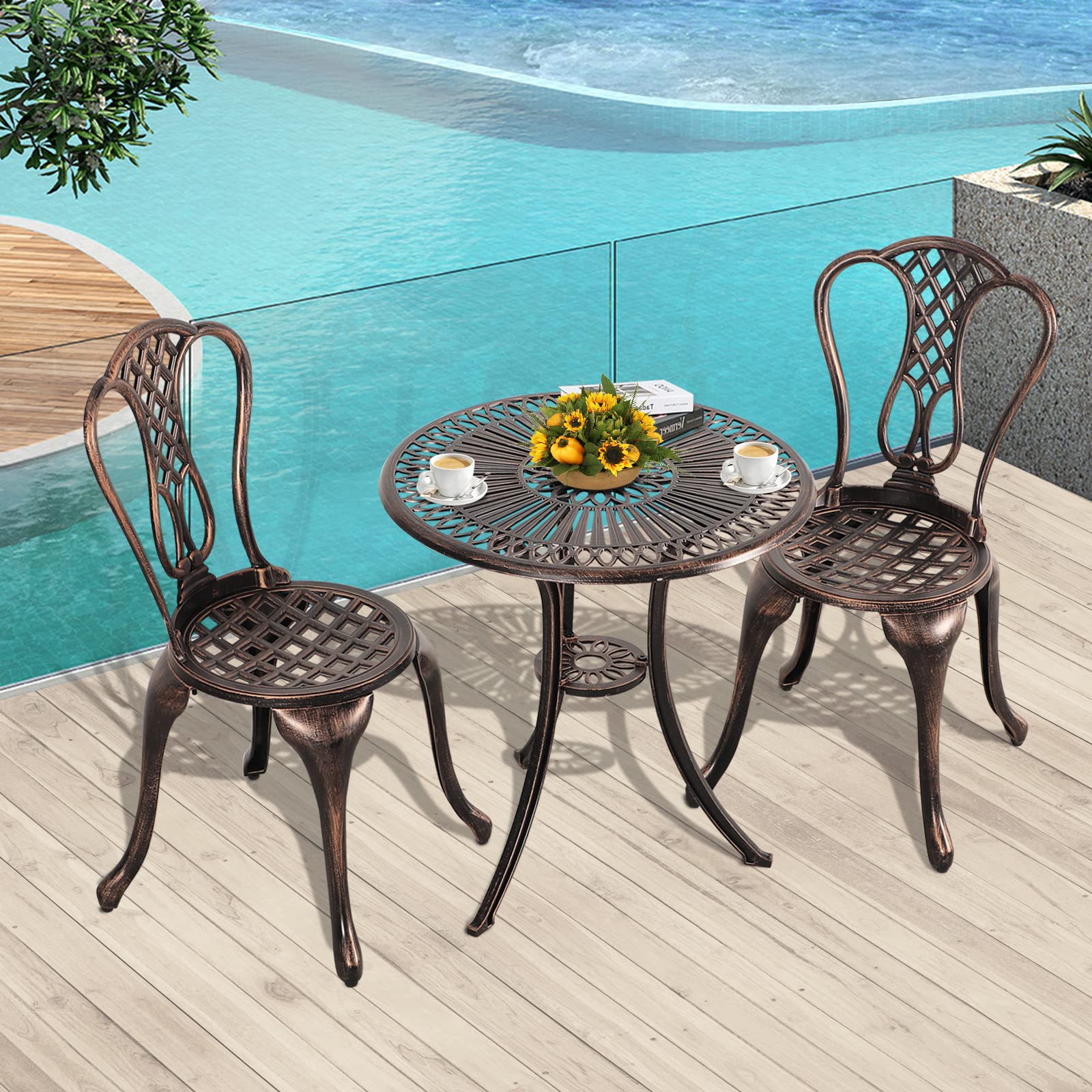 Verano Garden 3-Piece Outdoor Bistro Set - Rust-Resistant Cast Aluminum Patio Table & Chairs with Antique Bronze Finish, Weatherproof for Year-Round Use - Perfect for Small Balconies, Patios, and Indoor Dining Areas