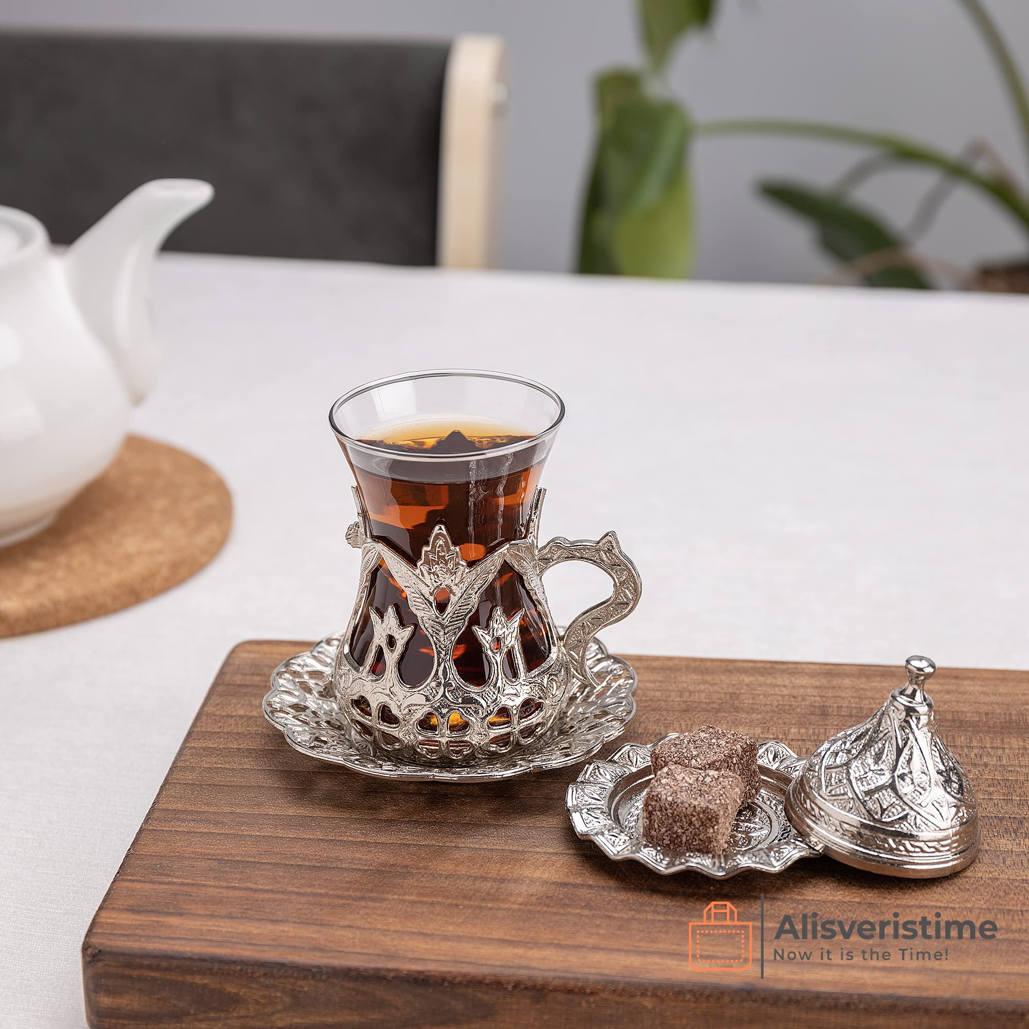Handmade Turkish Tea Set of 6 - Silver Zamzam Glasses with Saucers - Traditional Middle Eastern Tea Serving Set for Home, Restaurant & Gift Giving
