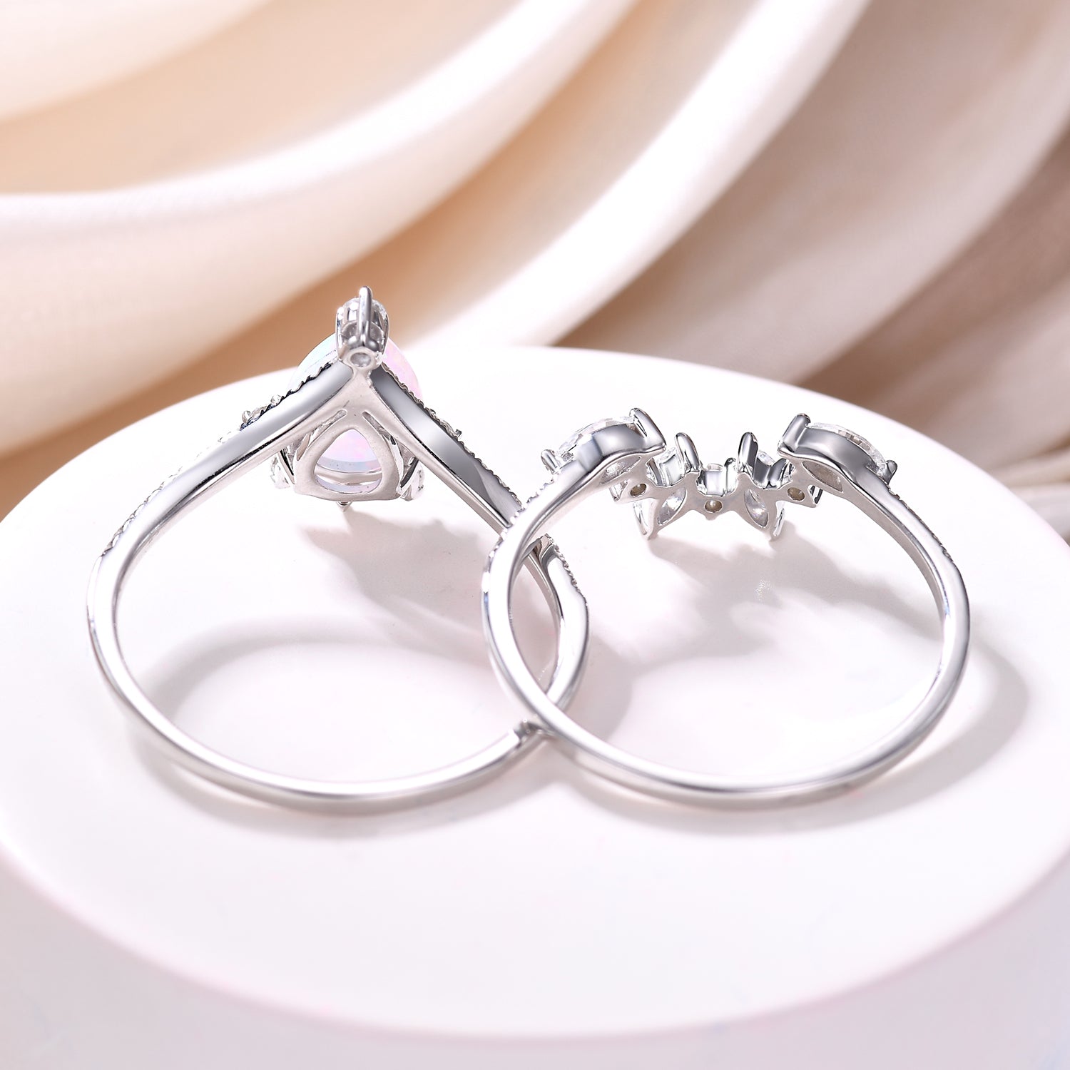 Vintage Opal Wedding Ring Set - 14k White Gold Moissanite Curved Band for Women - Elegant Bridal Jewelry for Engagement, Anniversary & Special Occasions