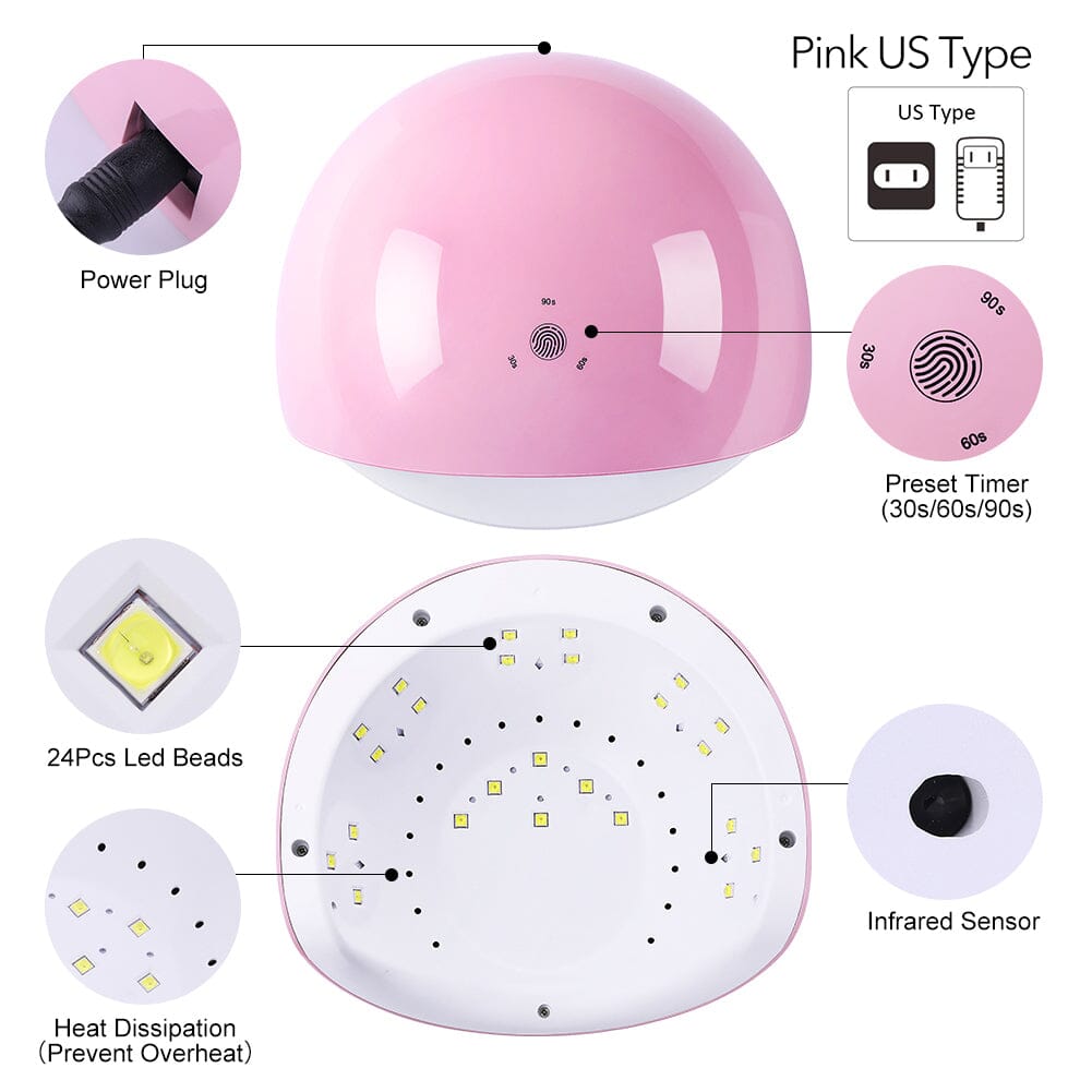 48W UV LED Nail Lamp for Gel Polish - Pink Professional Manicure Light with US Plug - Perfect for Home Nail Salons & DIY Gel Nail Art