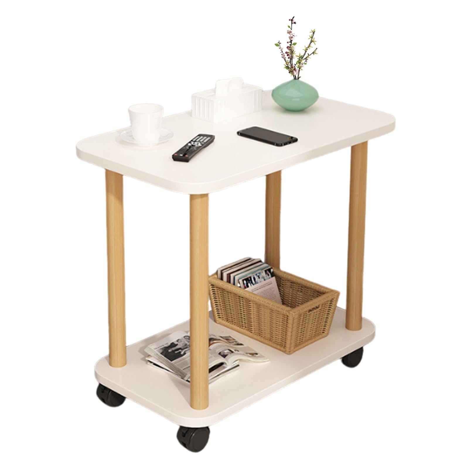 2-Tier Wooden Side Table with Wheels - Mobile End Table, Nightstand, or Coffee Table for Bedroom & Living Room - White Small Space Furniture for Easy Storage & Room Organization