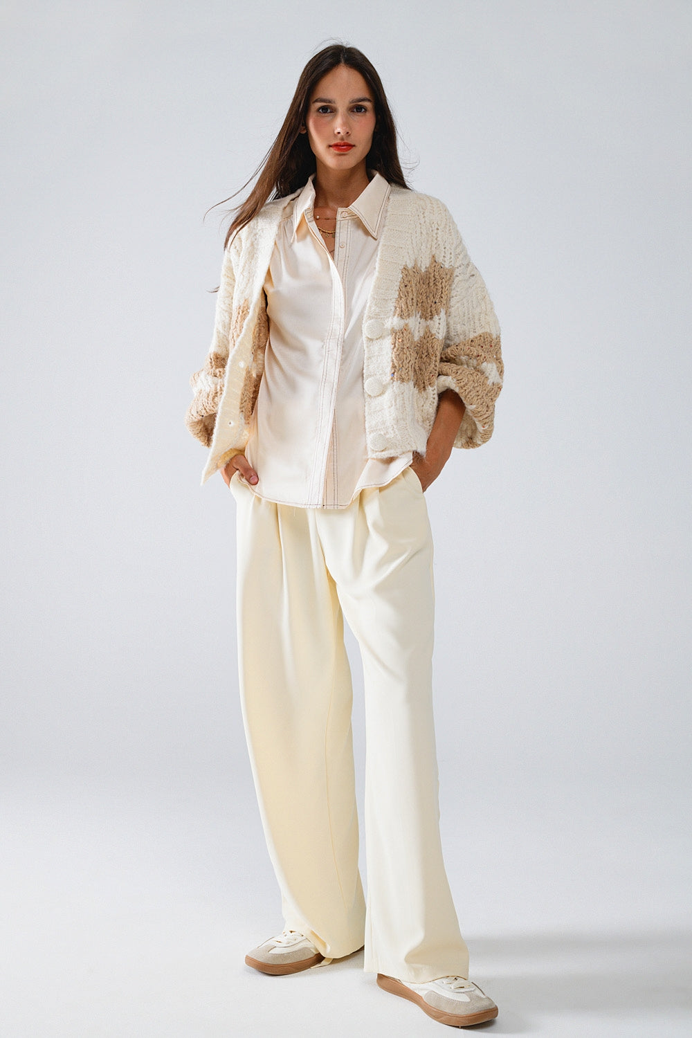 Chunky Knit Striped Cardigan with Glitter Details - Cream - Cozy Winter Wear for Women, Perfect for Casual Outfits & Holiday Parties