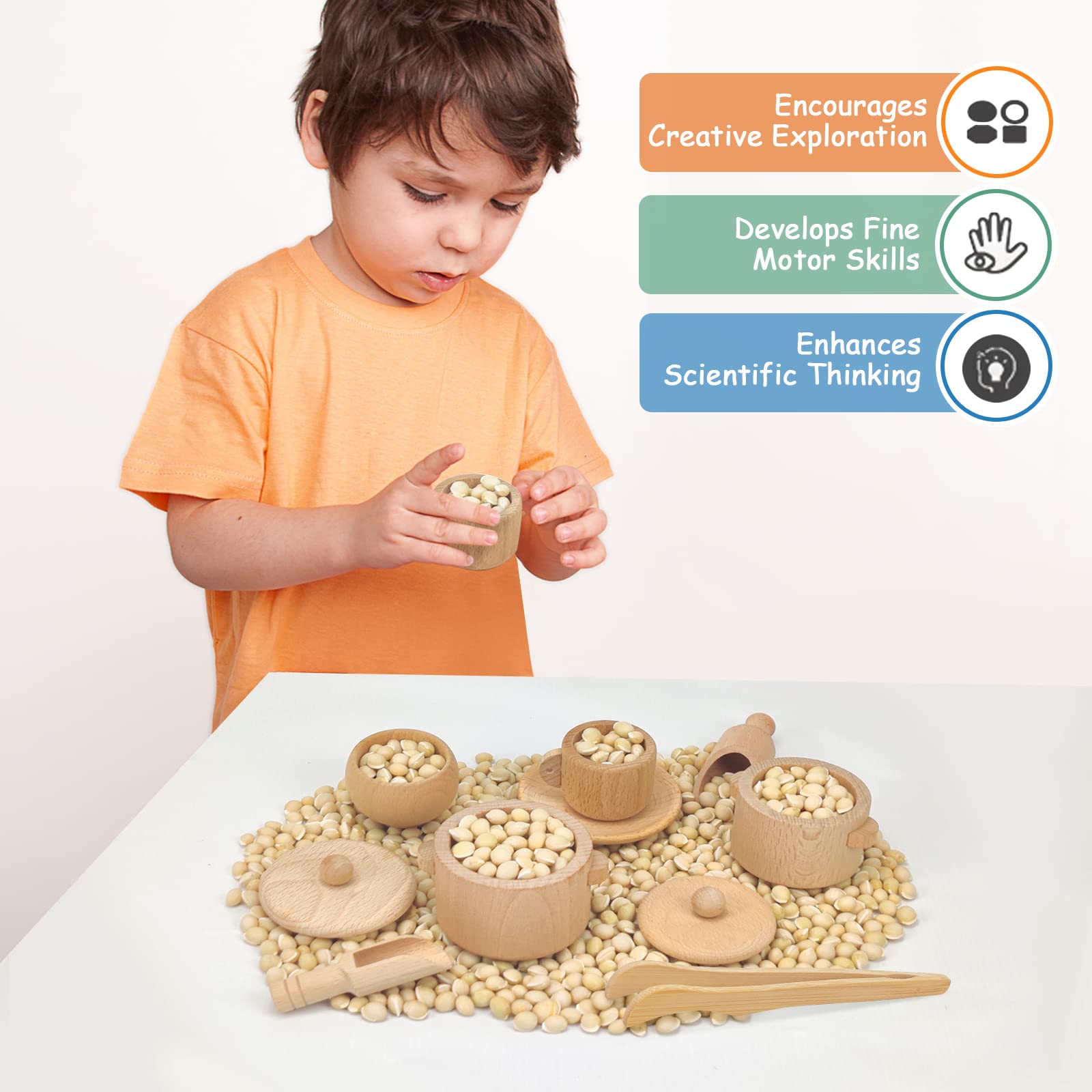 Wooden Sensory Bin Tools for Toddlers 3+ - Montessori Learning Toys with Wooden Bowls, Scoop, Tongs & Pouring Set for Fine Motor Skills Development - Pretend Play Kitchen & Sensory Activity for Preschoolers
