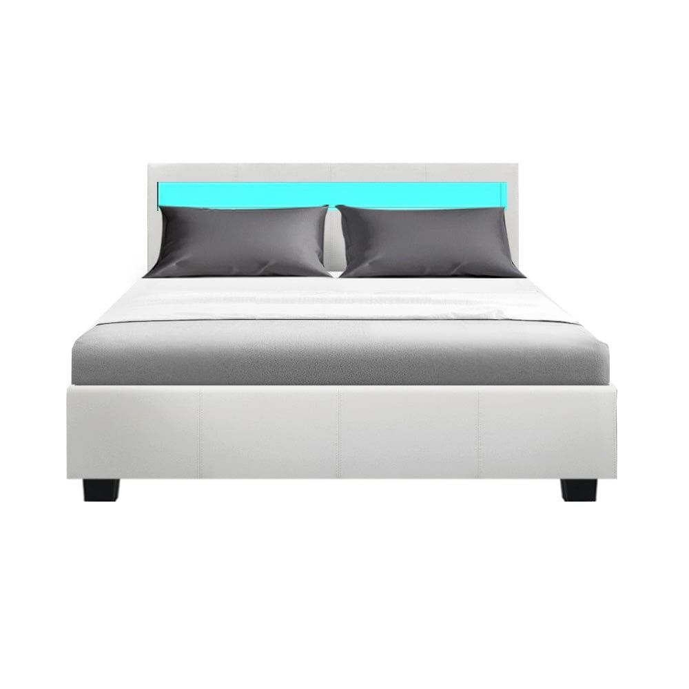 Artiss Double Size LED Bed Frame with Gas Lift Storage - White COLE | Modern Platform Bed for Small Spaces, Guest Rooms & Apartments