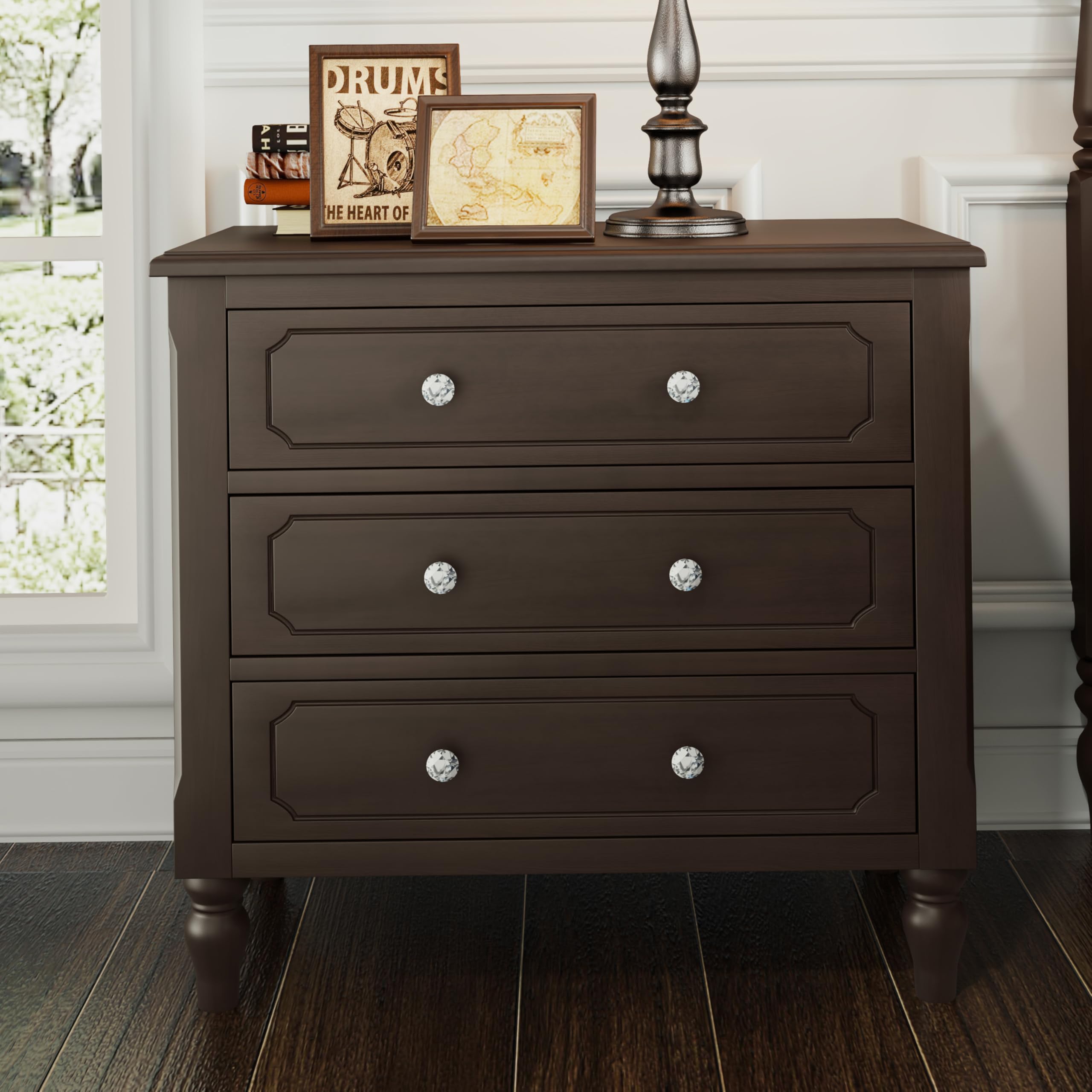 Vintage Wood Nightstand with 3 Storage Drawers - Fully Assembled Brown Bedside Table, Sofa Side Table with Sturdy Legs - Perfect for Bedroom, Living Room & Office Use