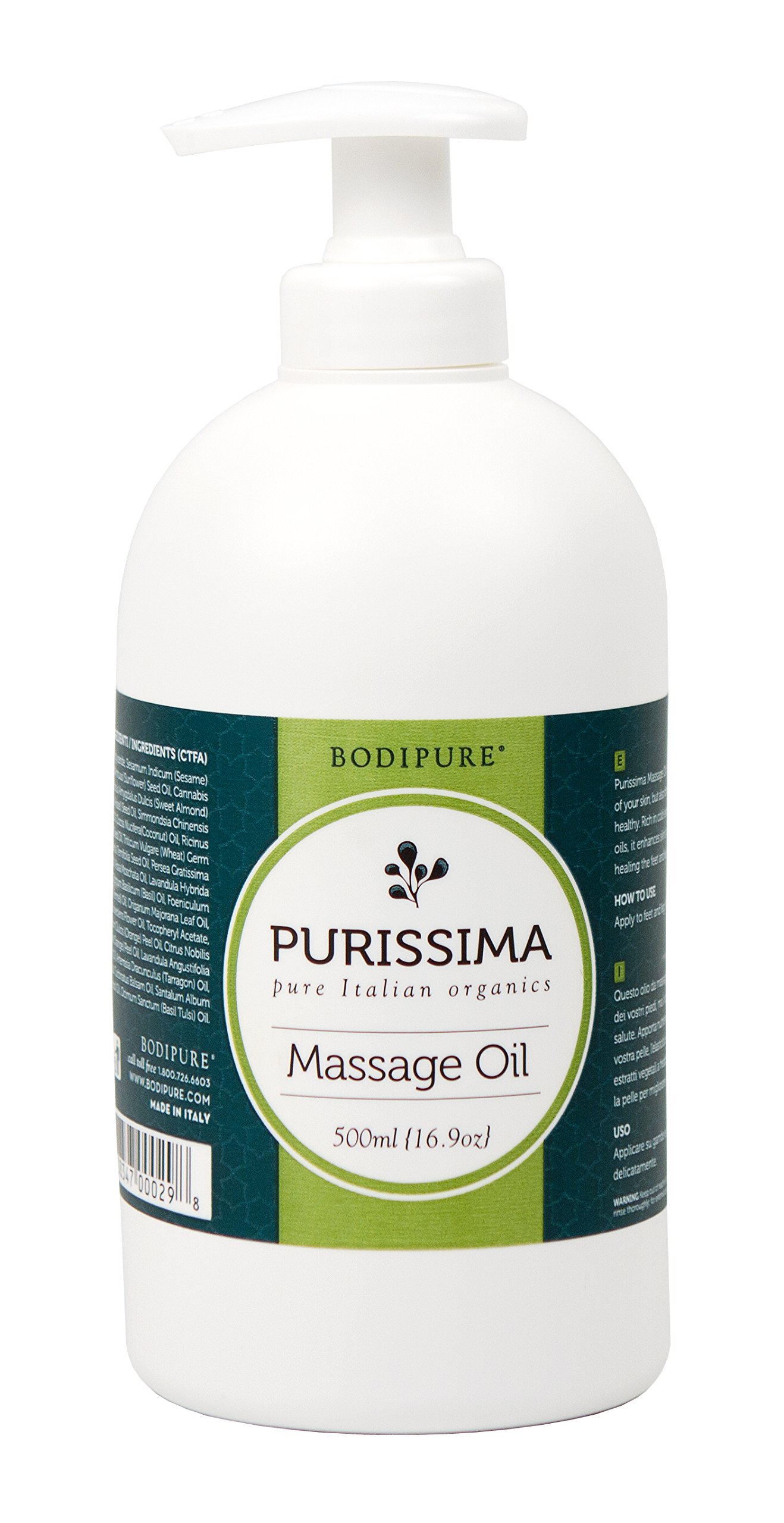 BODIPURE Organic Purissima Massage Oil for Body - Professional Massage Therapy, Cold-Pressed Vegetable & Essential Oils - Relaxing Muscles & Joints - Made in Italy, 16.9 fl oz - Perfect for Spa, Aromatherapy & Home Relaxation