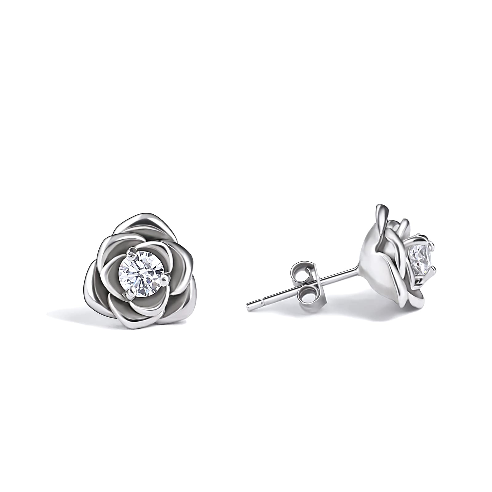Sterling Silver Rose Flower Stud Earrings for Women - Cubic Zirconia Hypoallergenic Jewelry Gift for Wife, Girlfriend, Mother's Day - Perfect for Weddings, Date Nights & Special Occasions
