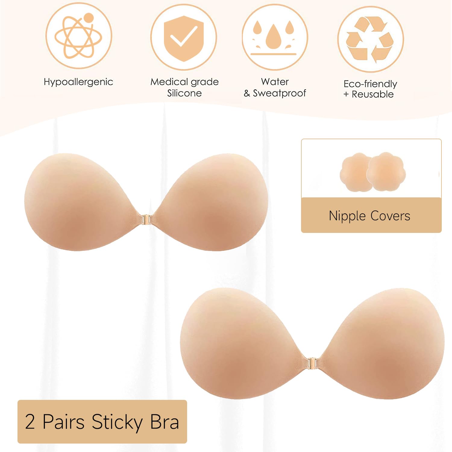 Sticky Bra Push Up - Backless Strapless Adhesive Bra for Women, Invisible Lift Up Bras 2 Pack - Perfect for Backless Dresses, Wedding Gowns & Summer Tops
