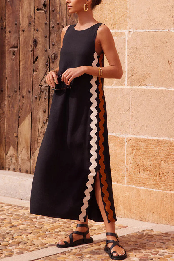 Elegant Boho Maxi Dress with Ric Rac Wave Trim - Flowy Loose Fit for Beach Vacations & Summer Getaways