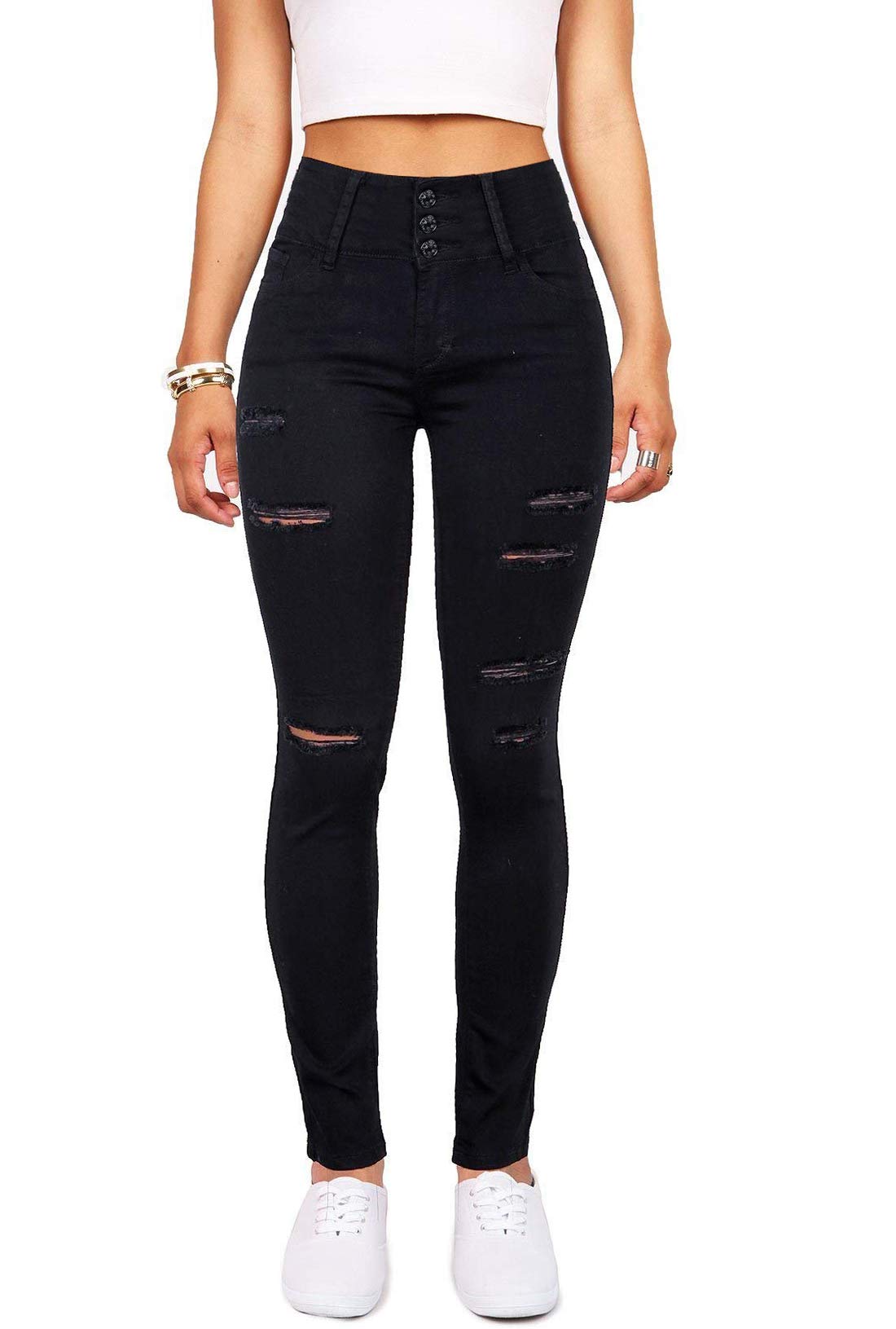 Women's High Waisted Butt Lift Stretch Ripped Skinny Jeans - Distressed Denim Pants for Juniors with Button Fly - Perfect for Casual Outfits, Date Nights & Street Style Fashion