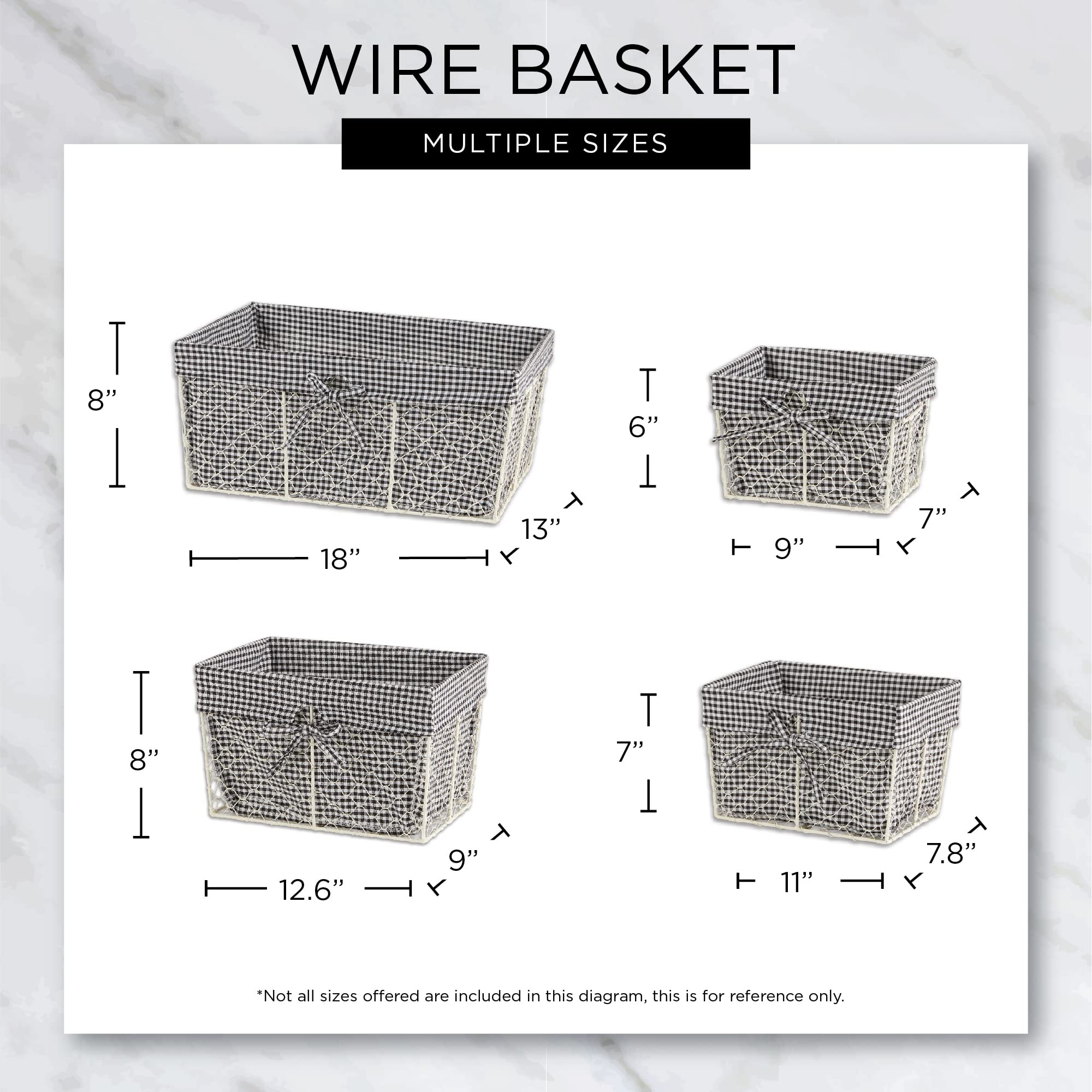 DII Farmhouse Chicken Wire Storage Baskets with Liner - Small 9x7x6 Inches, 3-Piece Set in Antique Black & White Gingham Check - Perfect for Kitchen, Bathroom, and Home Organization