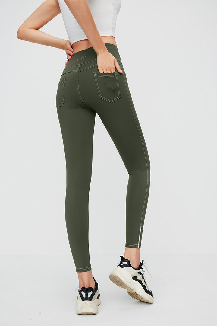 High Waist 7/8 Leggings with Reflective Piping - Women's Workout Yoga Running Jeggings for Gym, Fitness & Nighttime Safety