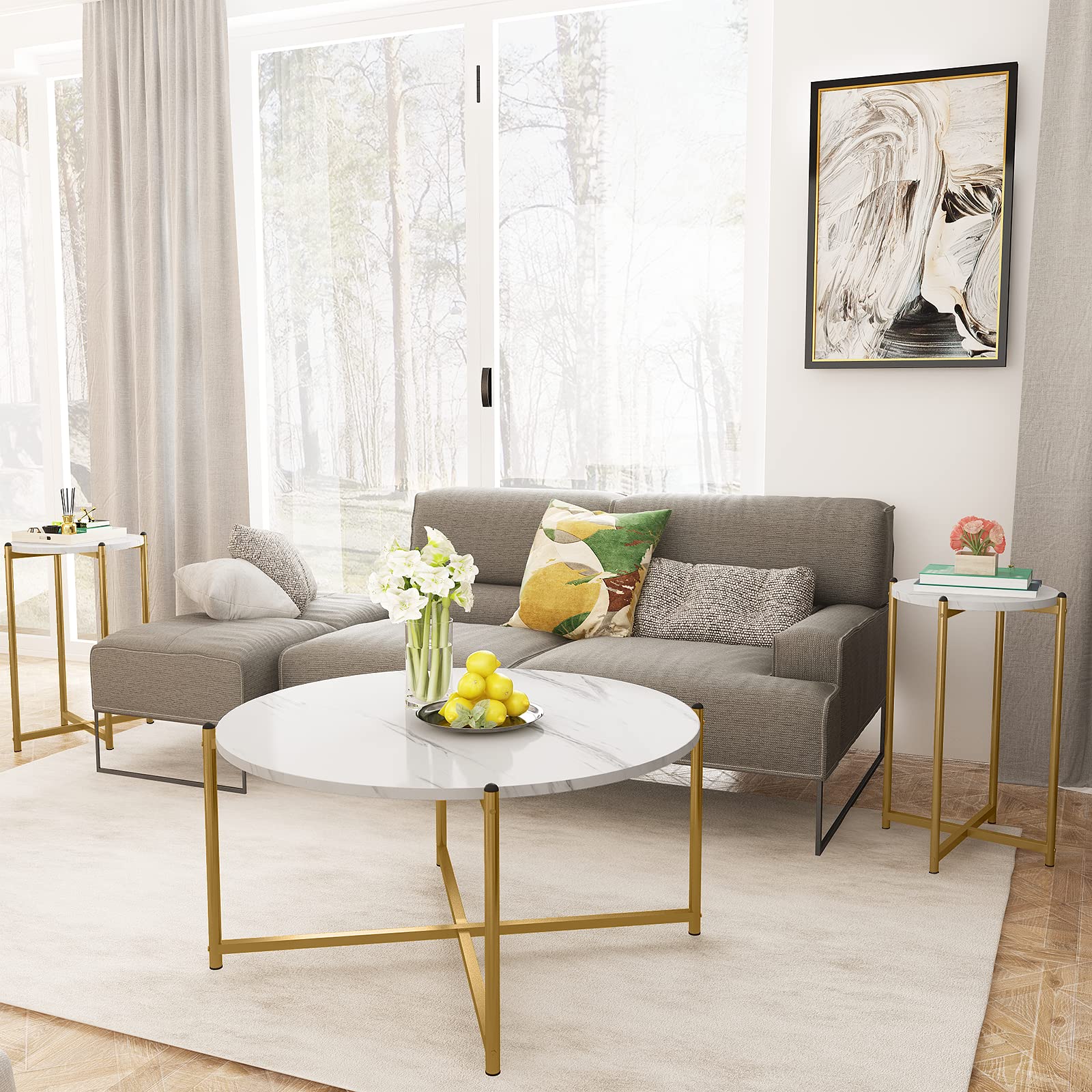 Lamerge 3-Piece Coffee Table Set - Modern Faux Marble Top with Gold Metal Frame, 1 Coffee Table & 2 Side Tables, White & Gold Living Room Furniture for Apartments, Offices - Perfect for Entertaining, Reading Nooks & Small Spaces (LCTR-W)