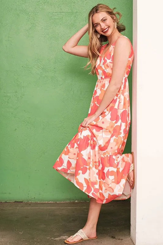 Floral Print Sleeveless V-Neck Midi Dress for Women - Perfect for Summer Vacations, Beach Outings & Casual Daytime Wear