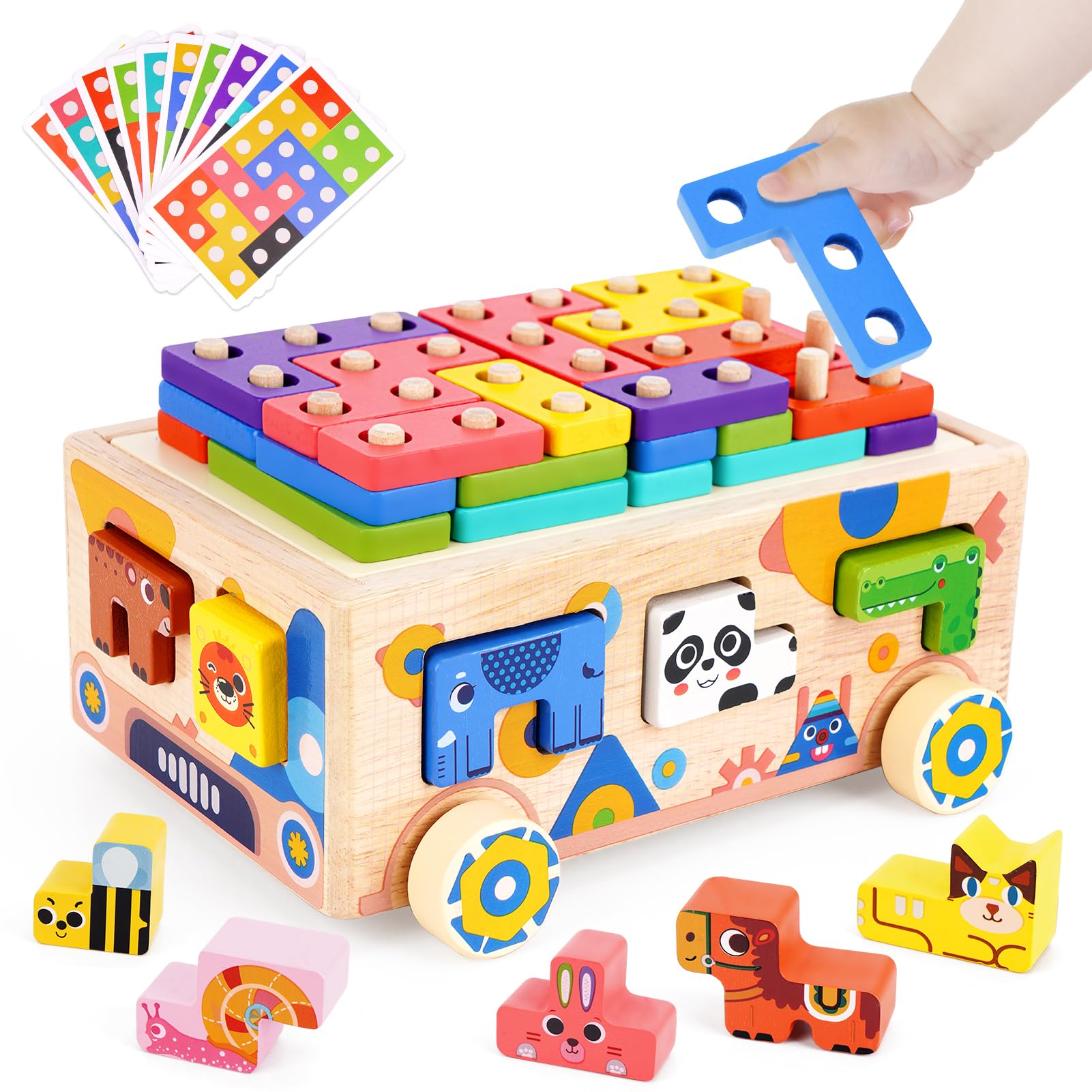 Montessori Wooden Building Blocks for Toddlers 2-3 Years Old - Educational Shape Sorting & Stacking Toys with Animal Designs - Perfect Christmas & Birthday Gifts for Boys & Girls - Ideal for Early Learning, Preschool Activities & Sensory Play
