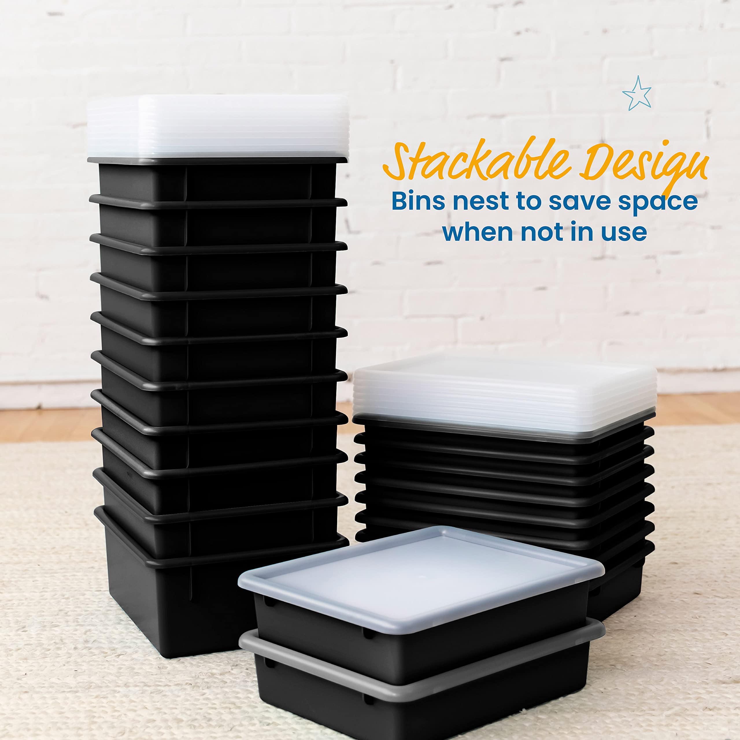 ECR4Kids 10-Pack Black Letter Size Storage Trays with Lids - Organize School Supplies, Office Documents & Craft Materials - Durable Plastic Storage Containers for Classroom, Home & Office Organization
