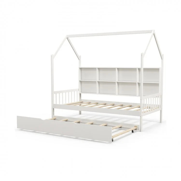Montessori Twin Size Daybed for Kids with Roof and Storage Shelves - White - Perfect for Bedrooms, Playrooms, and Montessori Learning Spaces