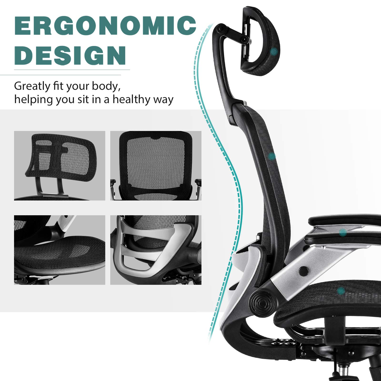 GABRYLLY Ergonomic Office Chair - High Back Mesh Computer Chair with Adjustable Headrest, Lumbar Support & Armrests, 400 lb Weight Capacity, 90-120° Reclining, Soft Seat Cushion - Perfect for Home Office, Gaming & Long Work Sessions