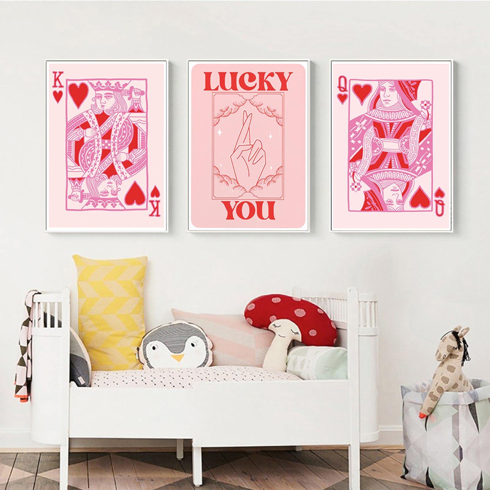 King of Hearts Pink Wall Art Print - Queen Playing Card Canvas Painting - Lucky You Tarot Inspired Typography Poster - Home Decor, Game Room, Bedroom Wall Decor