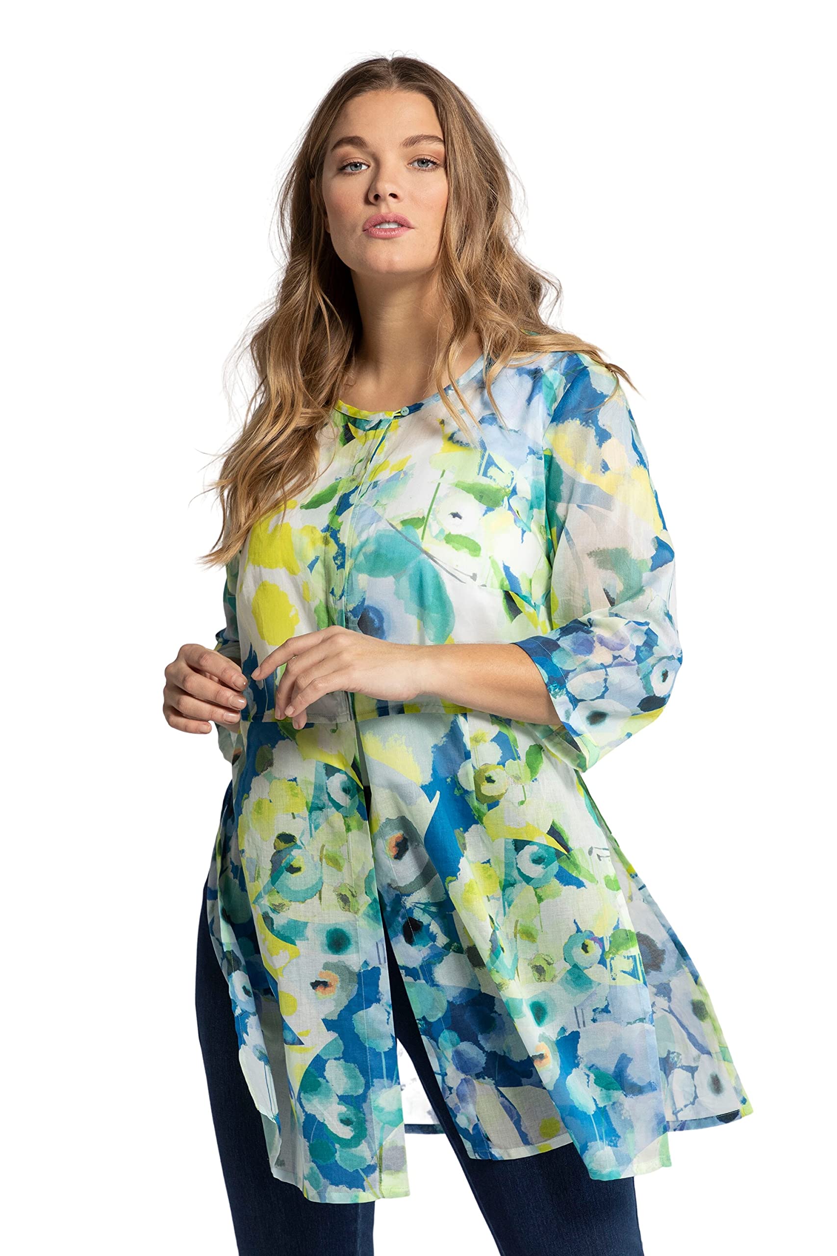 Ulla Popken Women's Plus Size Cotton Tunic Blouse - Oversized Watercolor Floral Print Top for Curvy Figures | Casual Wear, Office Outfits & Special Occasions