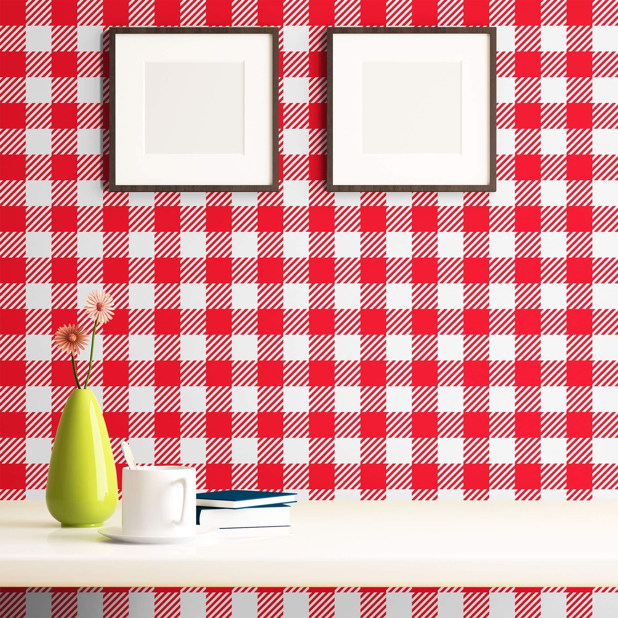 Red and White Plaid Peel and Stick Removable Wallpaper 6879 - Self-Adhesive Decorative Wall Covering for Bedroom, Living Room, Office & Dorm Decor