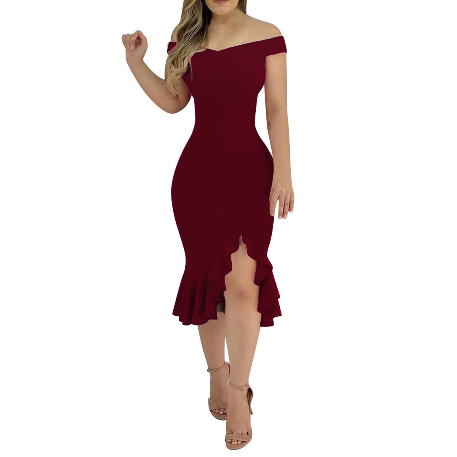 Elegant Women's Party Dress with Ruffle & Slit Shoulder - Solid Color Evening Gown for Cocktail, Wedding, Prom & Special Occasions