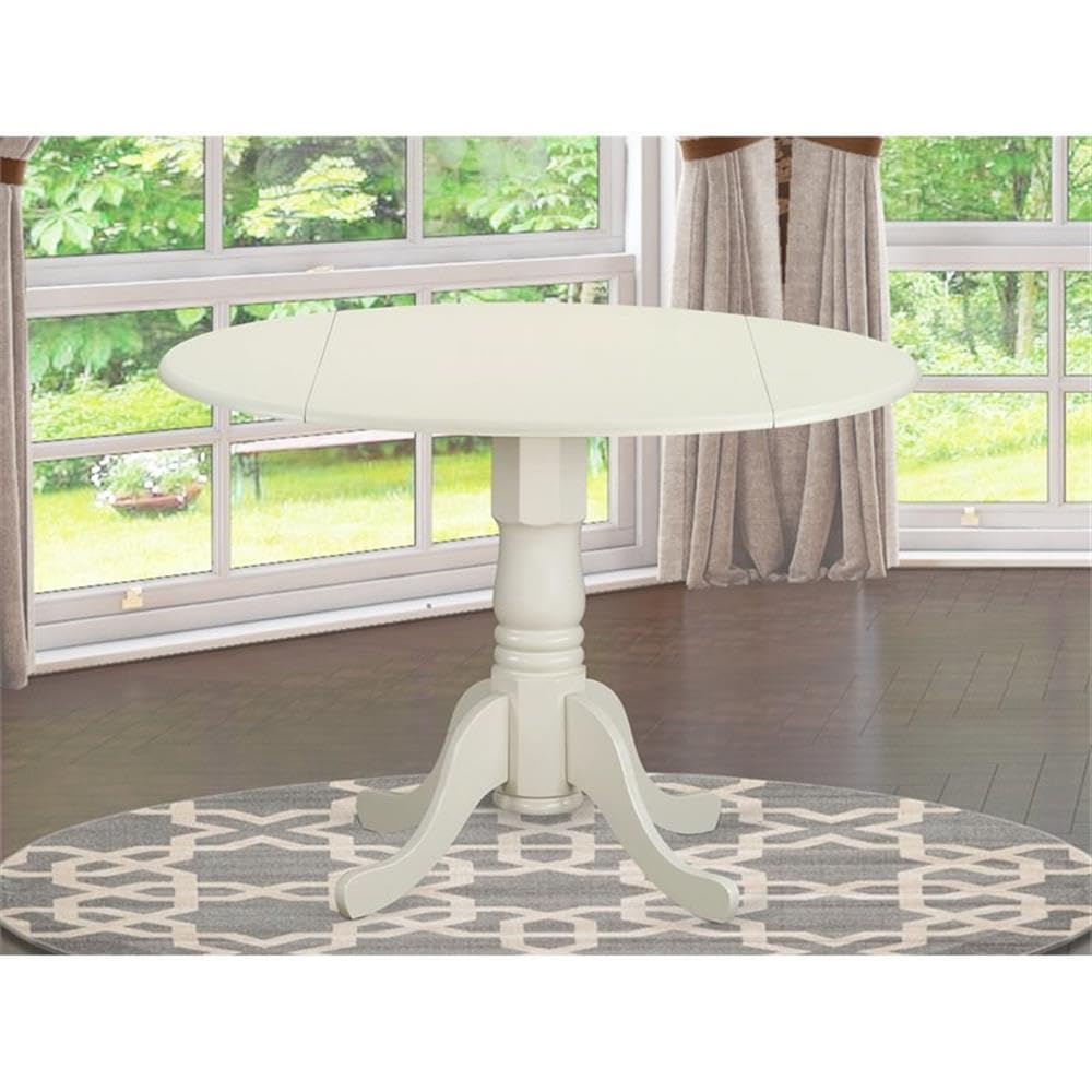 East West Furniture Dublin Modern Kitchen Table - 42 Inch Round Dining Table with Drop Leaf & Pedestal Base in Linen White | Space-Saving Design for Small Kitchens, Breakfast Nooks & Apartments