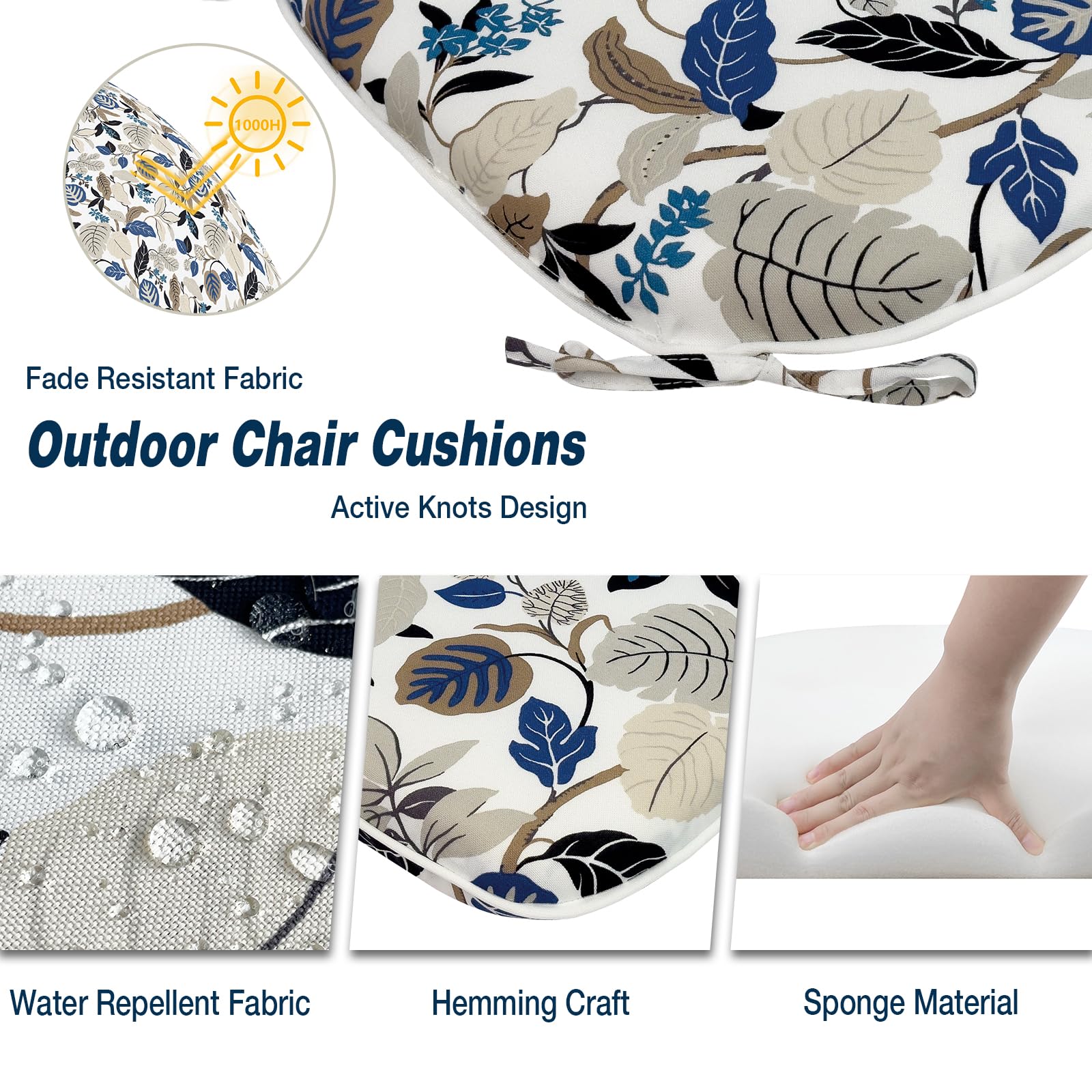 Outdoor Chair Cushions Set of 4 - Waterproof Patio Seat Cushions with Ties for Garden Furniture, 16x17 Inch, Breeze Leaves Beige - Perfect for Backyard, Deck, Poolside & Outdoor Dining