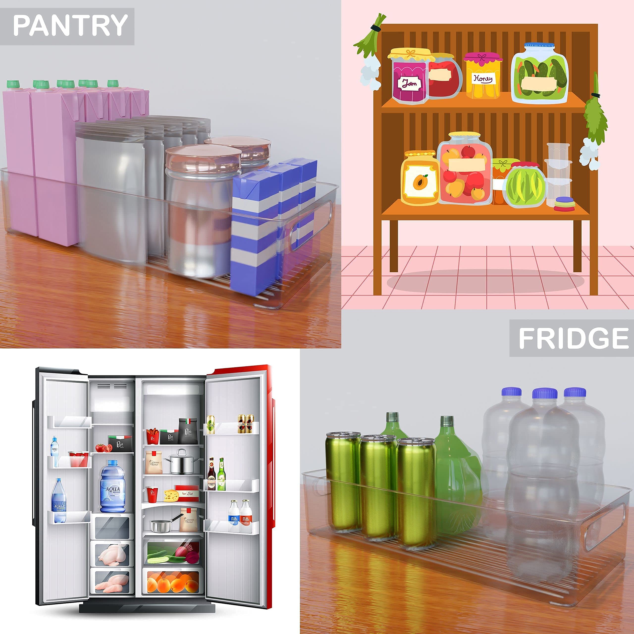 Bahoki Essentials 4-Piece Clear Plastic Kitchen Pantry Storage Bins Set - Stackable Freezer & Refrigerator Organizer for Snacks, Drinks, Fruits, Vegetables - Multifunctional Home Organization Containers - Perfect for Pantry, Kitchen, Dorm & Office Storage Solutions