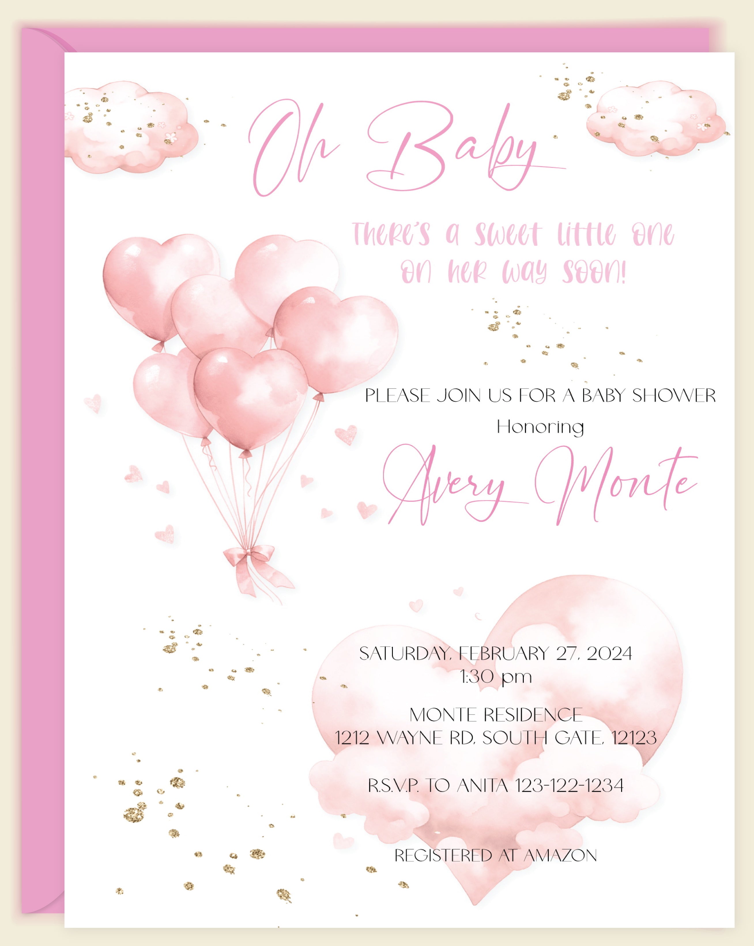 Oh Baby Girl Baby Shower Invitation - Elegant Pink Floral Baby Shower Cards for Girls, Customizable Digital & Printed Invites - Perfect for Gender Reveal, First Birthday & Newborn Celebrations