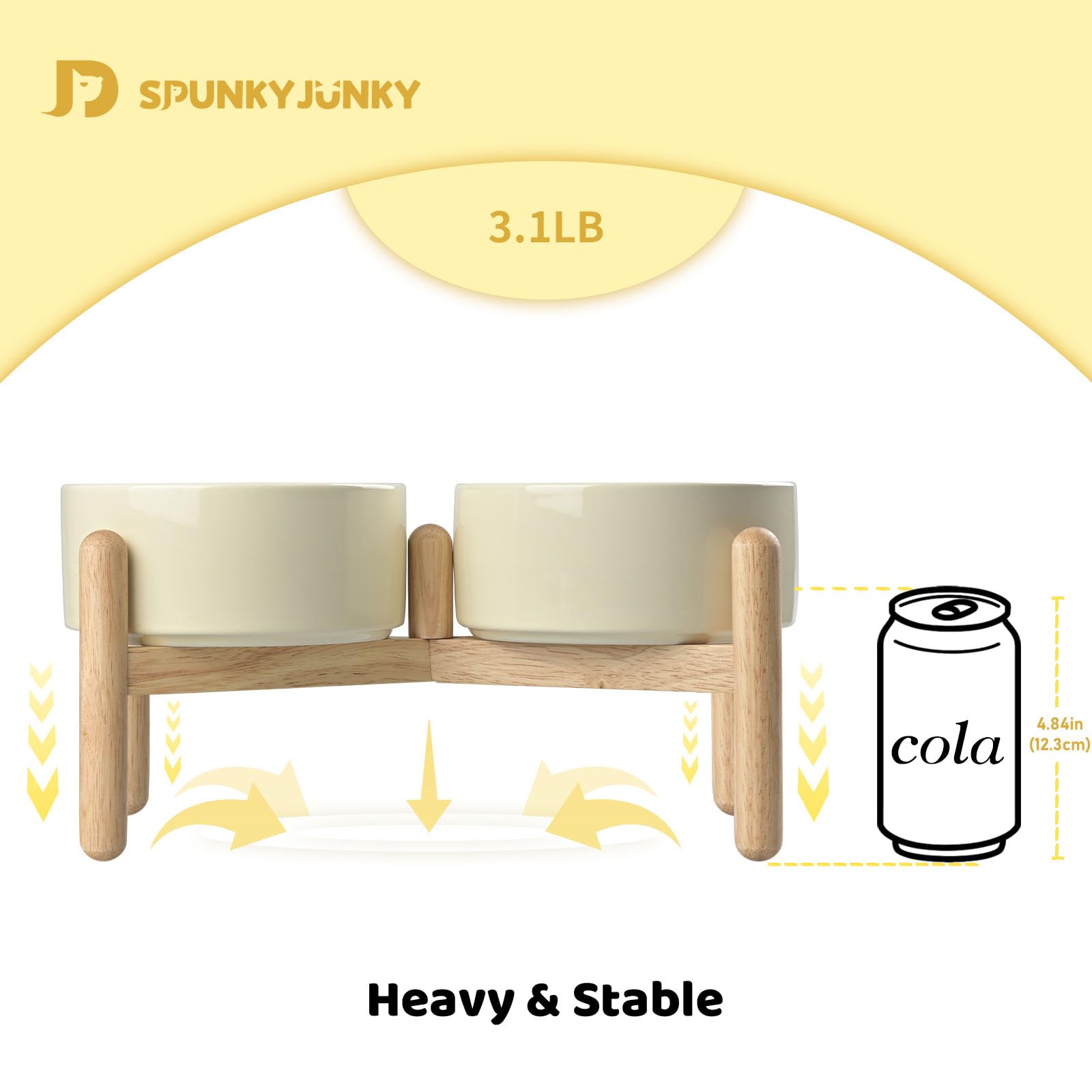 SPUNKYJUNKY Elevated Dog Bowls with Wooden Stand - 28.7oz Ceramic Raised Pet Food & Water Bowls for Small to Medium Dogs (Cream White) - Perfect for Dining Areas, Kitchens & Pet Feeding Stations