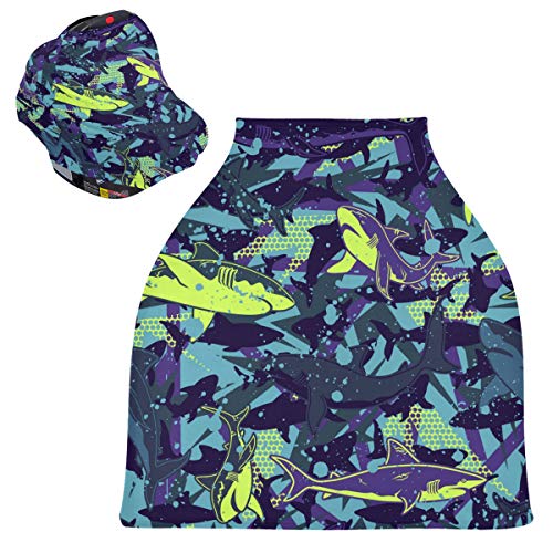 Shark Print Baby Car Seat Canopy & Nursing Cover - Breathable Stroller Cover for Boys & Girls, Perfect Baby Shower Gift (Ideal for Outdoor Walks, Shopping Trips & Breastfeeding in Public)