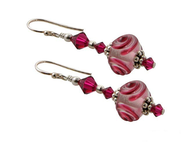 Handmade Pink Swirl Lampwork Glass Bead Earrings for Women - Boho Dangle Jewelry Gift for Birthday, Party & Special Occasions