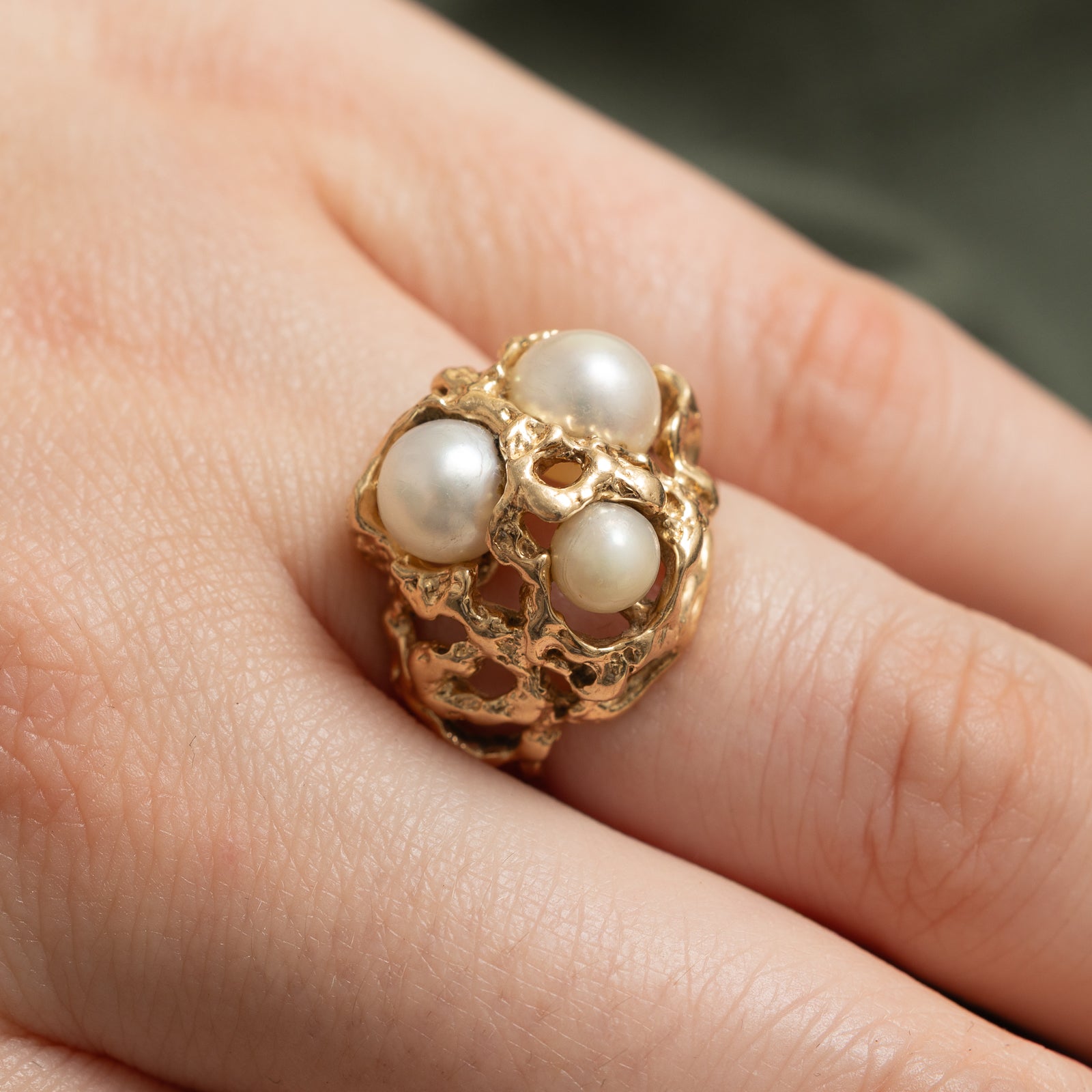 Three Stone Pearl Abstract Ring - Size 6.25 - Elegant Handmade Jewelry for Women, Perfect for Weddings, Anniversaries & Special Occasions