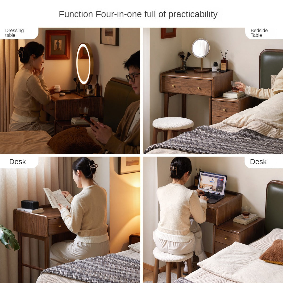 Premium Black Walnut Solid Wood Dressing Table with Cabinet - Elegant Vanity Desk for Bedroom, Makeup Station & Home Decor