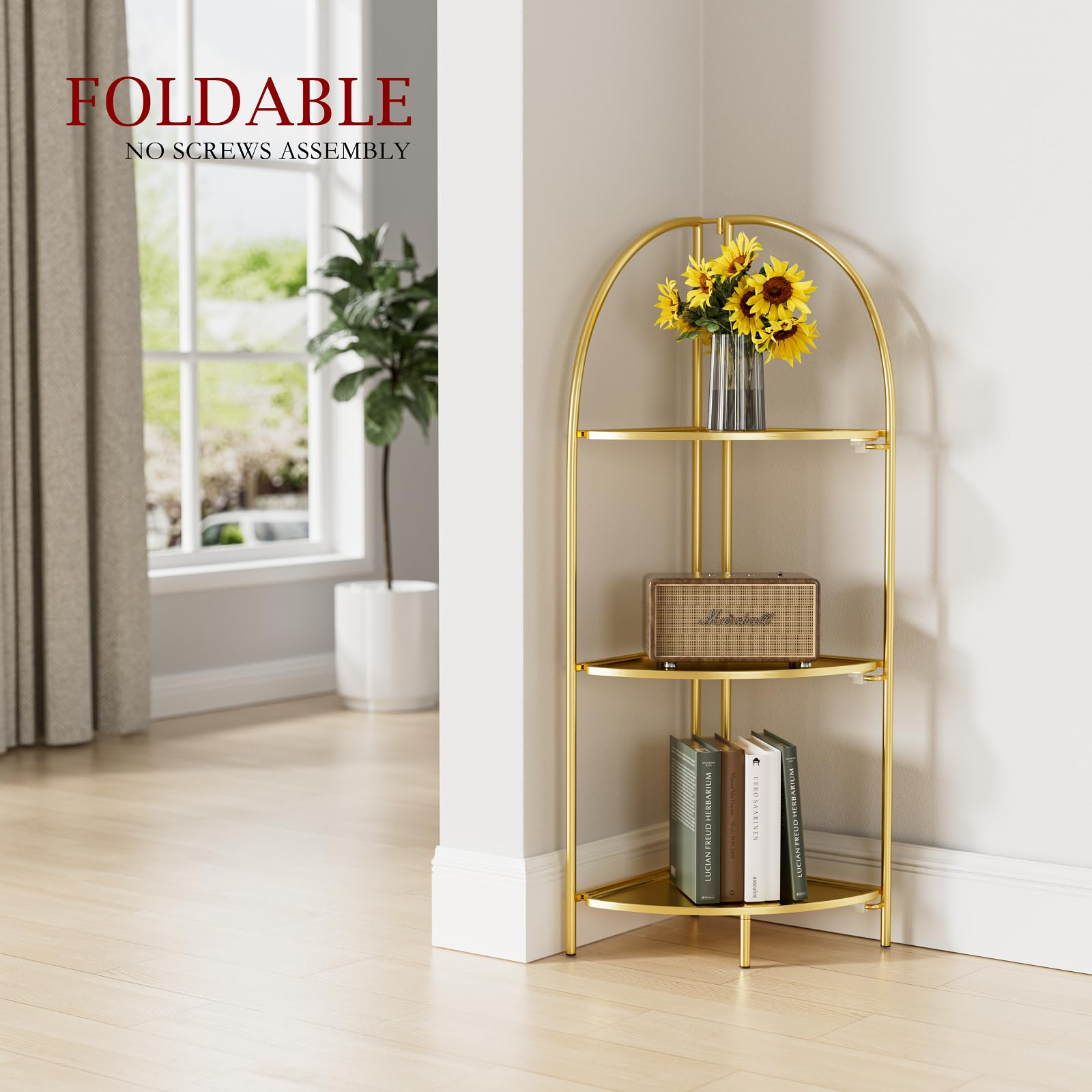 Foldable 3-Tier Metal Corner Shelf with Gold Frame - Space-Saving Plant Stand & Display Rack for Living Room, Bedroom, Bathroom - Perfect for Small Spaces, Home Decor & Organizing Plants, Books & Decorative Items