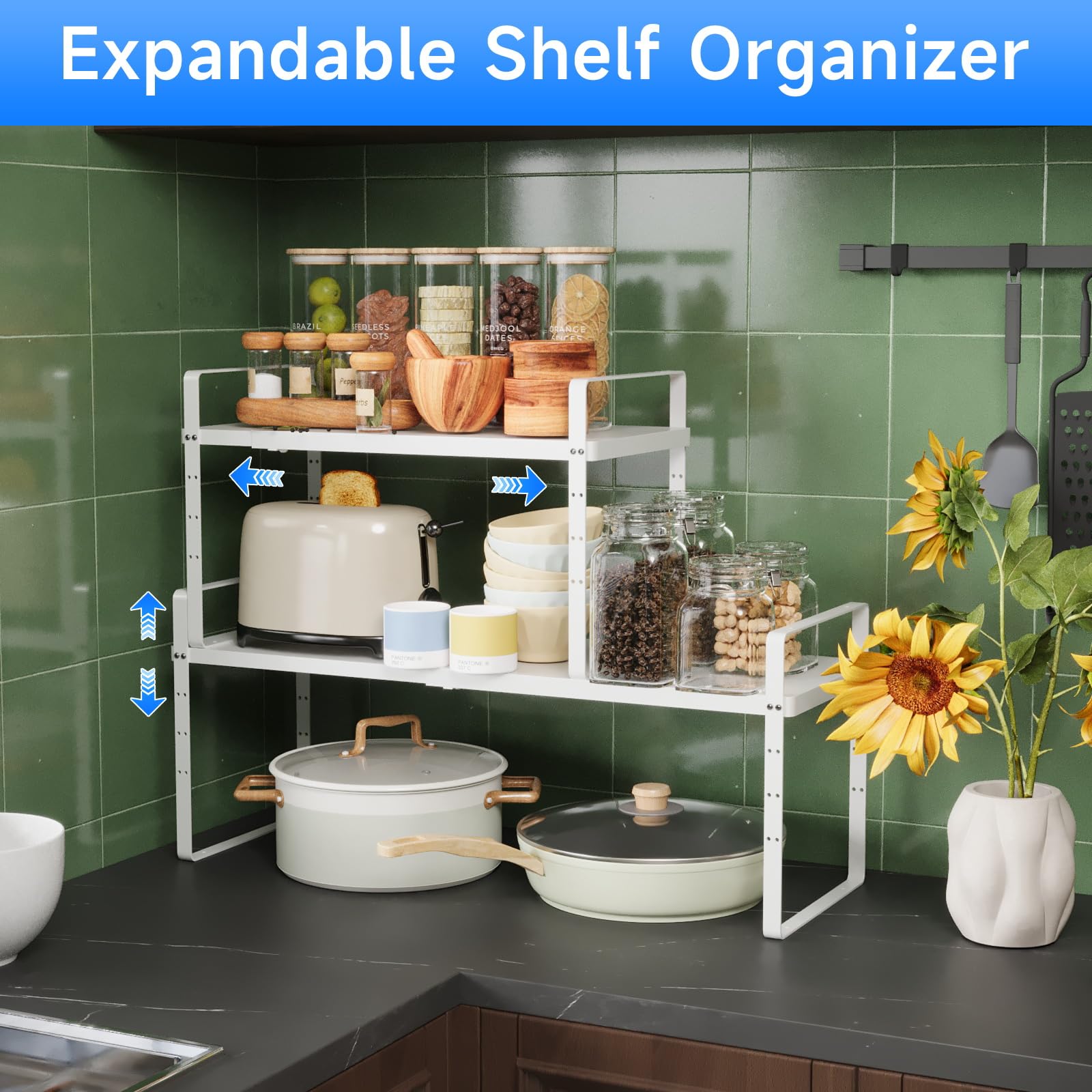Expandable Cabinet Shelf Organizer - Heavy Duty 80LBS Stackable Kitchen Pantry Storage, Adjustable Closet & Cupboard Rack for Spice Organization (White, Large, 1 Pack) - Perfect for Small Spaces & Kitchen Counter Organization