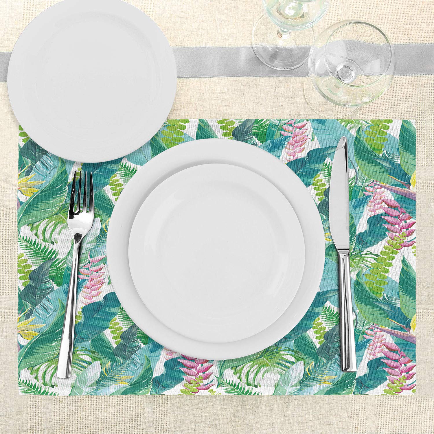 Ambesonne 4-Pack Leaf Print Place Mats - Tropical Plumeria Lilac Floral Design, Washable Fabric for Dining Table & Kitchen Decor in Pink, Blue, Yellow & Green | Perfect for Spring & Summer Parties, Indoor/Outdoor Entertaining