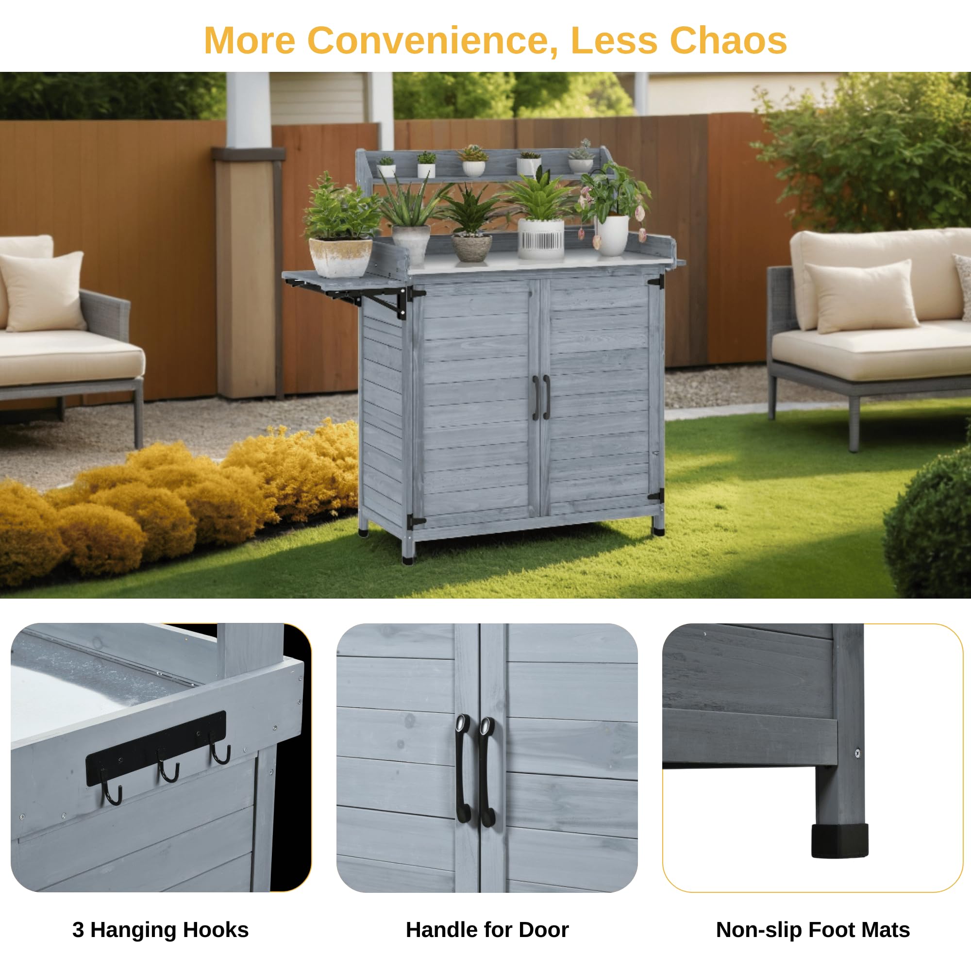 DWVO Solid Wood Outdoor Storage Box with Foldable Side Pallet & Galvanized Metal Tabletop - Multi-Functional Potting Bench & Garden Cabinet for Patio, Balcony, Porch - Perfect for Gardening, Storing Tools & Outdoor Relaxation (Grey)